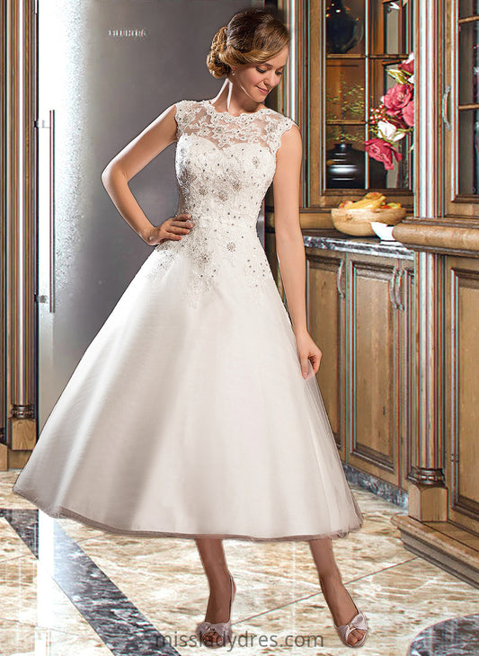 Carissa Ball-Gown/Princess Scoop Neck Tea-Length Tulle Lace Wedding Dress With Beading Sequins DBP0013773