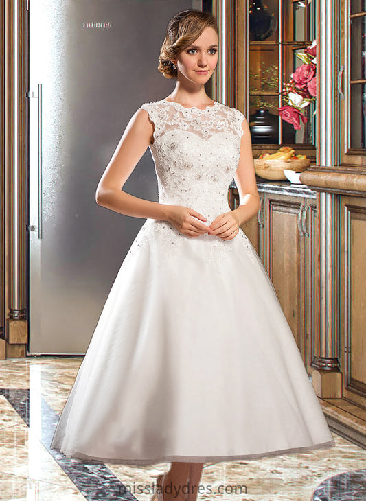 Carissa Ball-Gown/Princess Scoop Neck Tea-Length Tulle Lace Wedding Dress With Beading Sequins DBP0013773