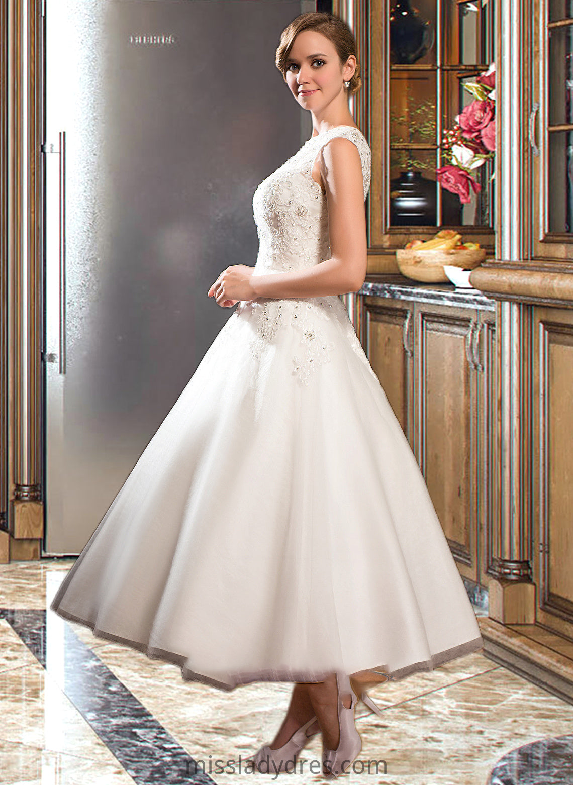 Carissa Ball-Gown/Princess Scoop Neck Tea-Length Tulle Lace Wedding Dress With Beading Sequins DBP0013773