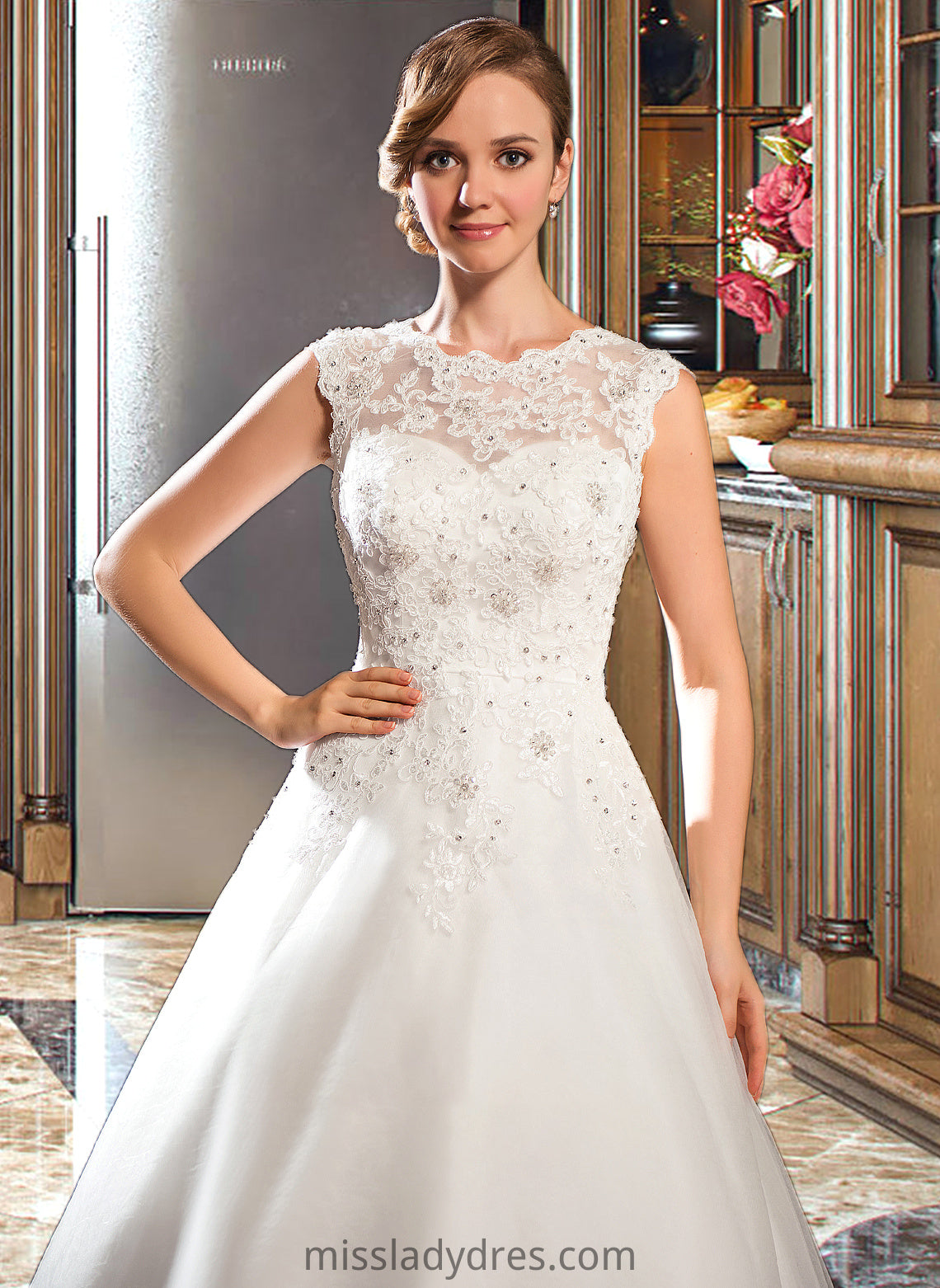 Carissa Ball-Gown/Princess Scoop Neck Tea-Length Tulle Lace Wedding Dress With Beading Sequins DBP0013773