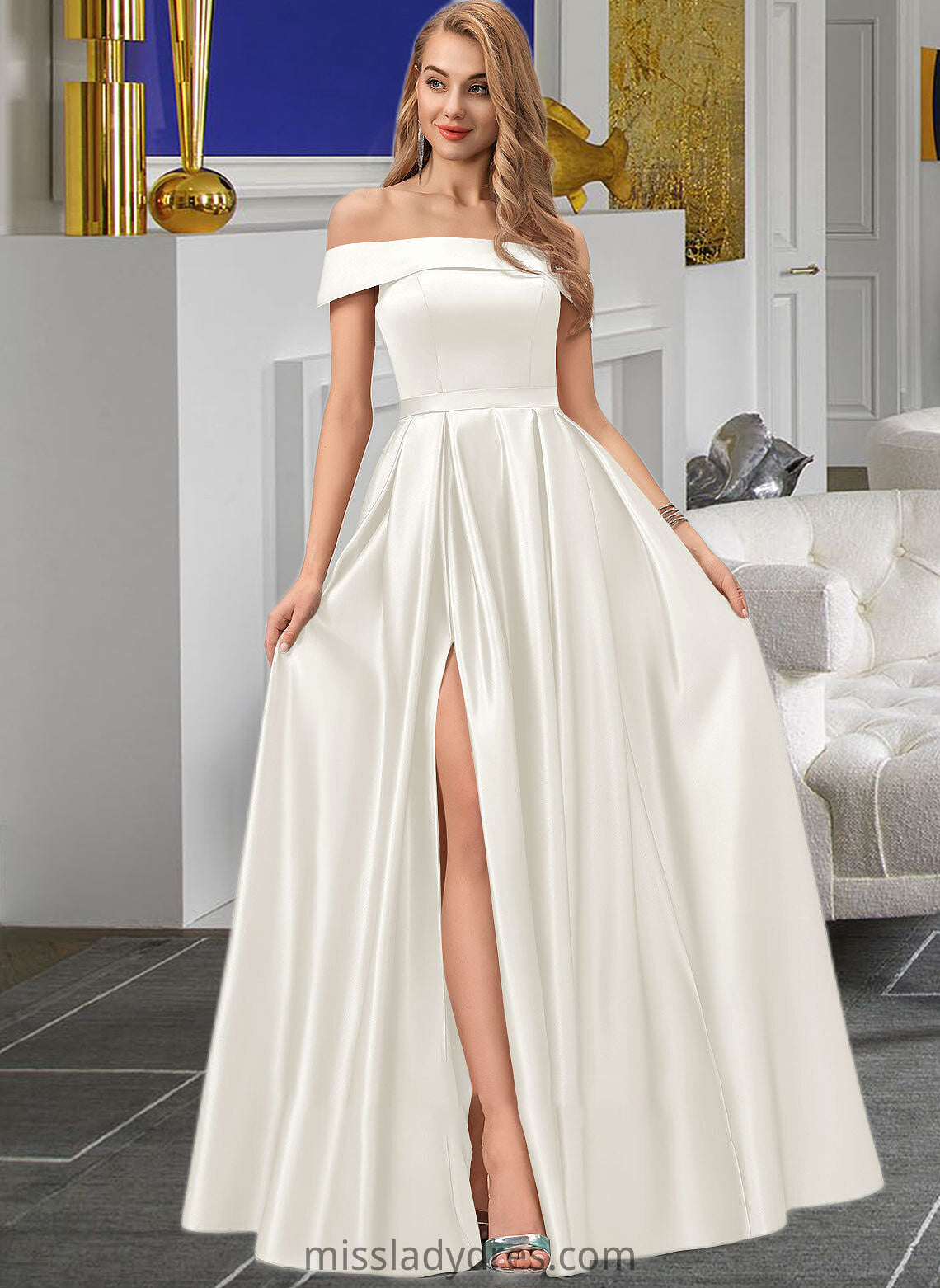 Ashanti Ball-Gown/Princess Off-the-Shoulder Floor-Length Satin Wedding Dress With Split Front Pockets DBP0013774