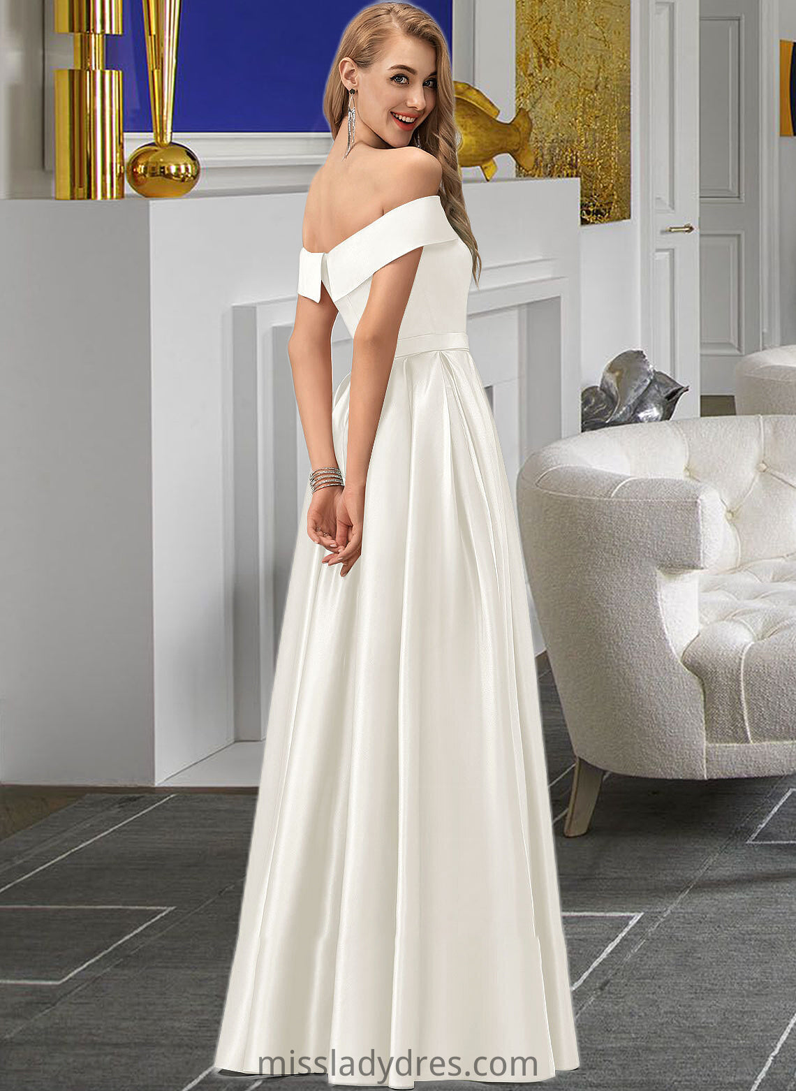 Ashanti Ball-Gown/Princess Off-the-Shoulder Floor-Length Satin Wedding Dress With Split Front Pockets DBP0013774