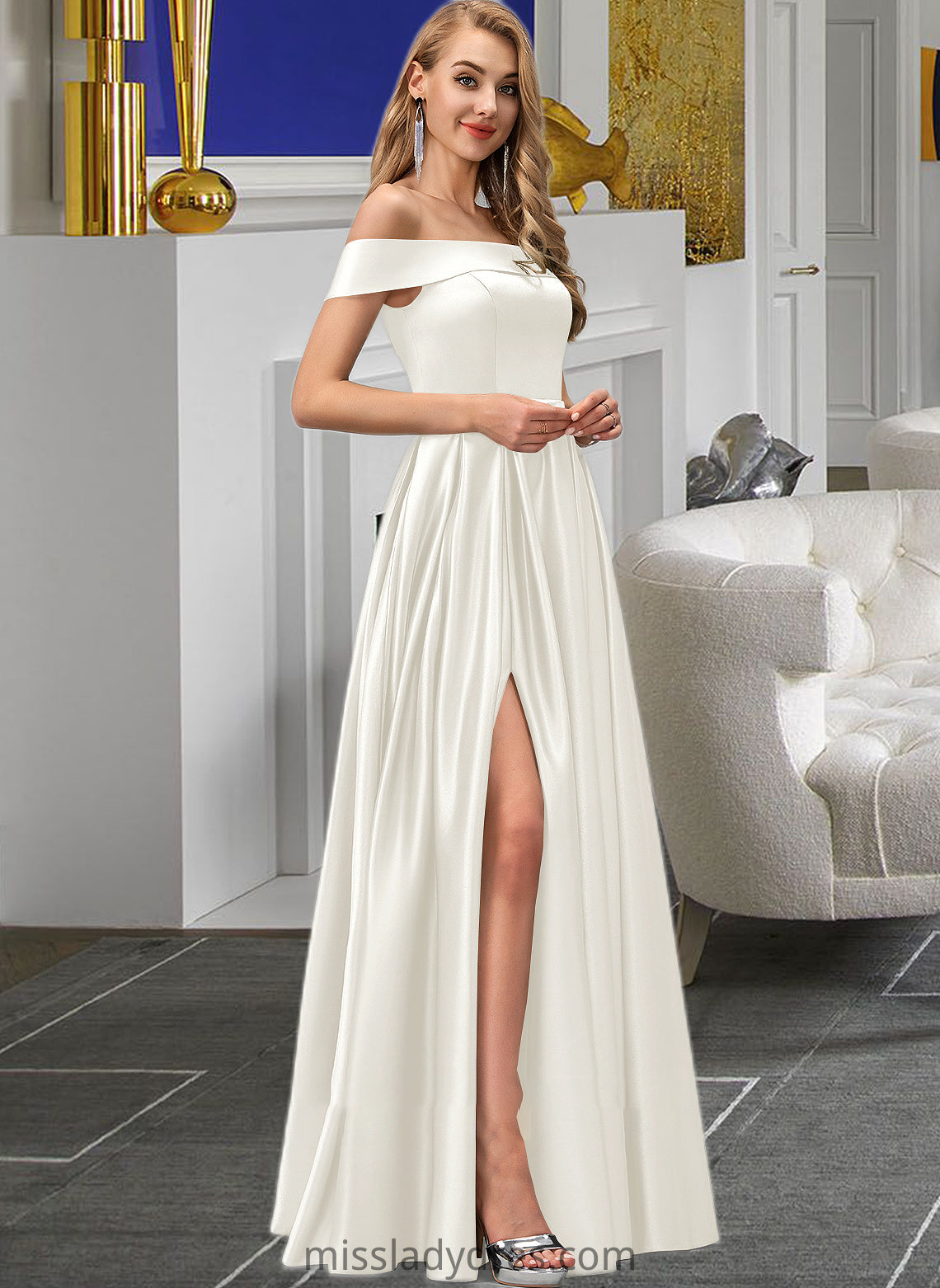 Ashanti Ball-Gown/Princess Off-the-Shoulder Floor-Length Satin Wedding Dress With Split Front Pockets DBP0013774