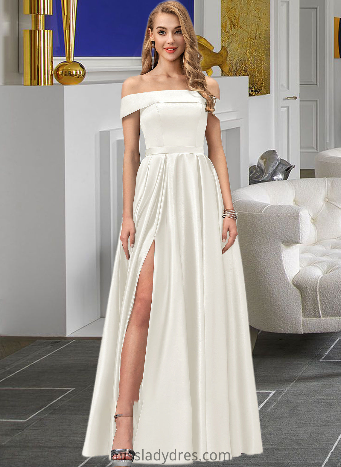 Ashanti Ball-Gown/Princess Off-the-Shoulder Floor-Length Satin Wedding Dress With Split Front Pockets DBP0013774