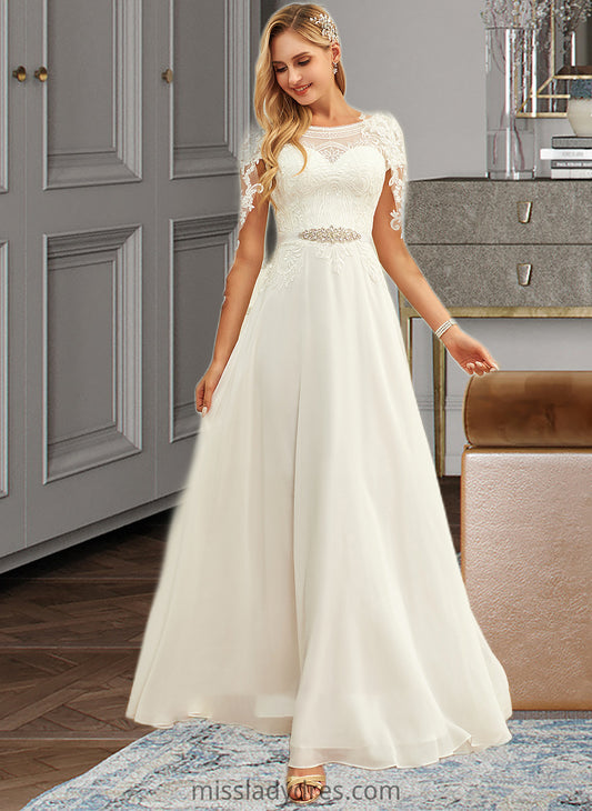 Kyra A-Line Scoop Neck Floor-Length Chiffon Lace Wedding Dress With Sequins DBP0013775