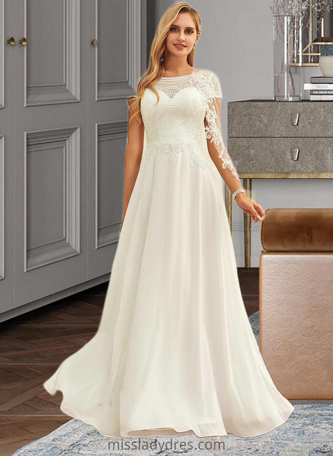 Kyra A-Line Scoop Neck Floor-Length Chiffon Lace Wedding Dress With Sequins DBP0013775