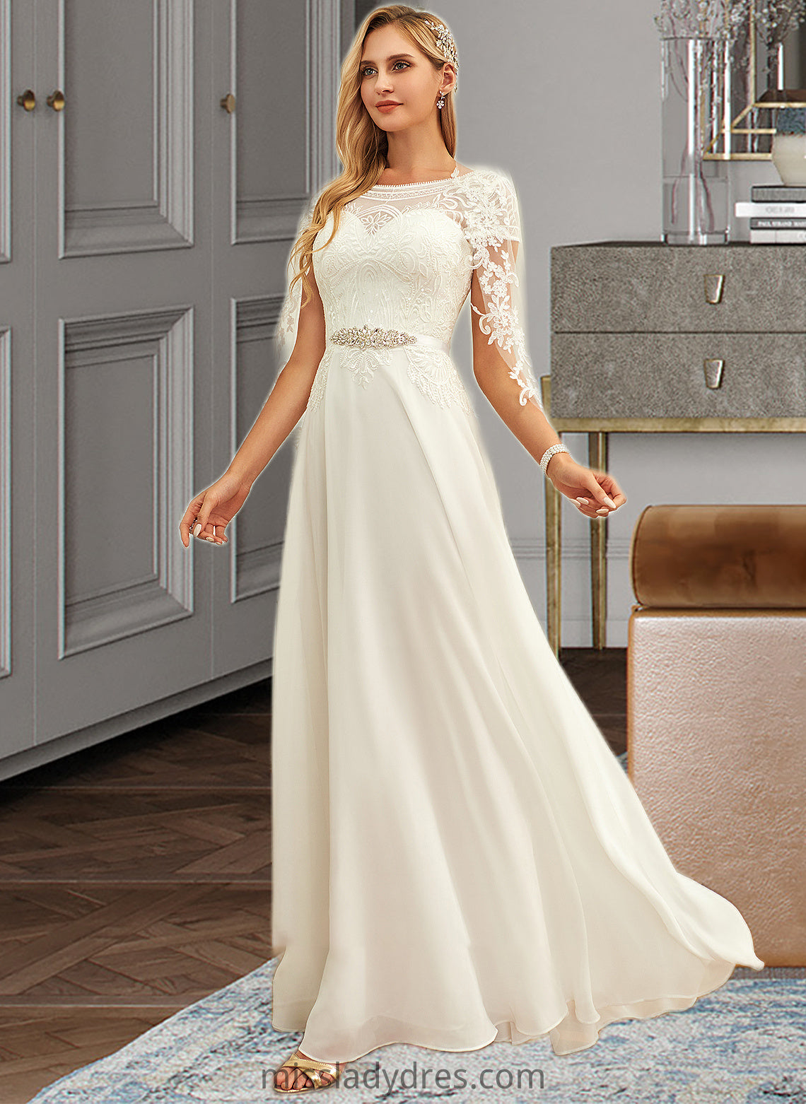 Kyra A-Line Scoop Neck Floor-Length Chiffon Lace Wedding Dress With Sequins DBP0013775