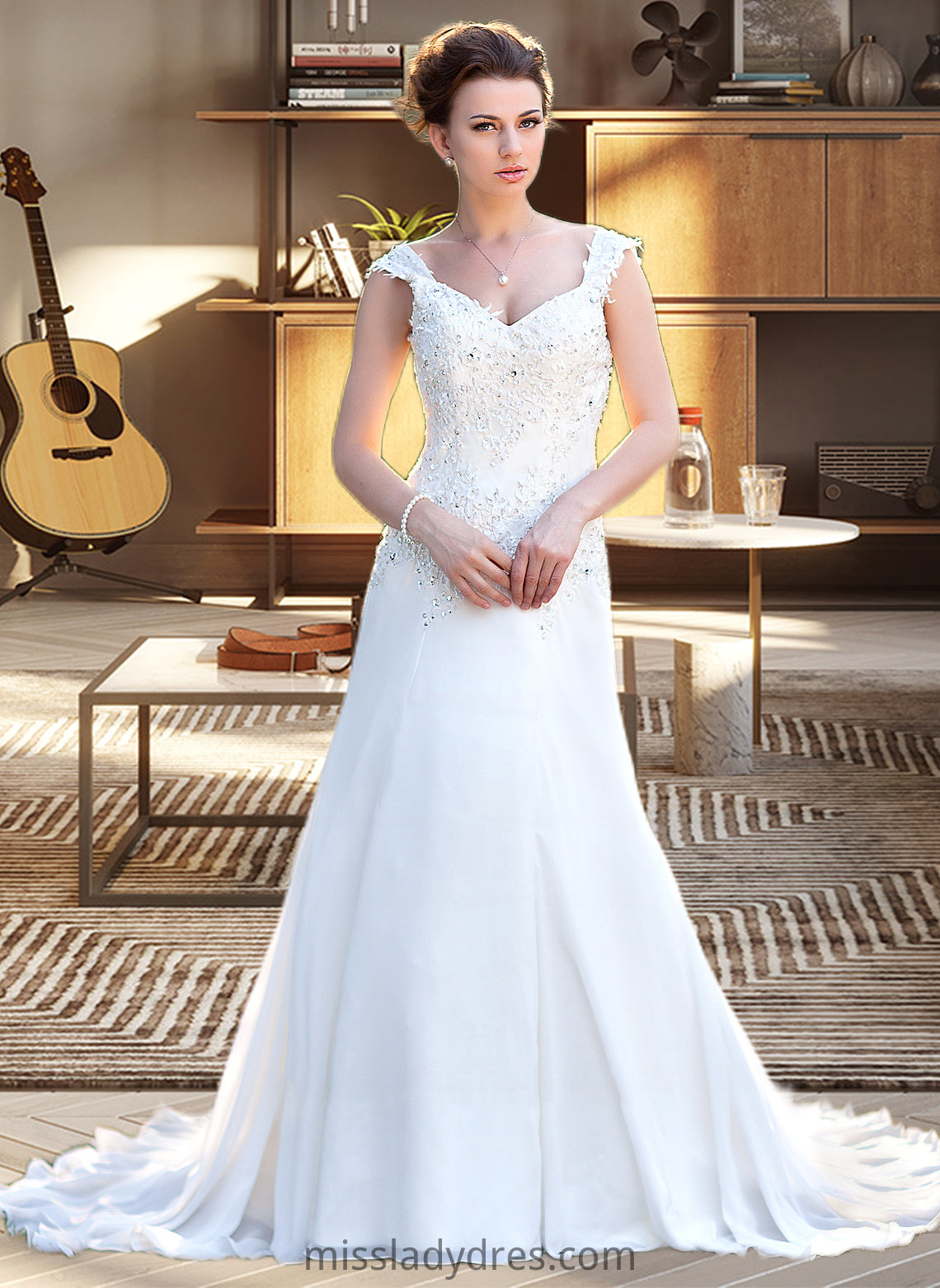 Milagros A-Line V-neck Court Train Chiffon Wedding Dress With Lace Beading Sequins DBP0013776