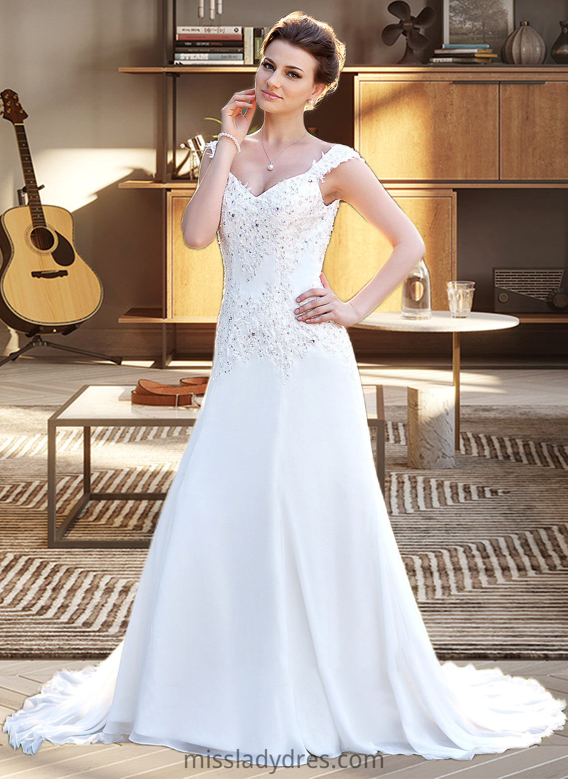 Milagros A-Line V-neck Court Train Chiffon Wedding Dress With Lace Beading Sequins DBP0013776