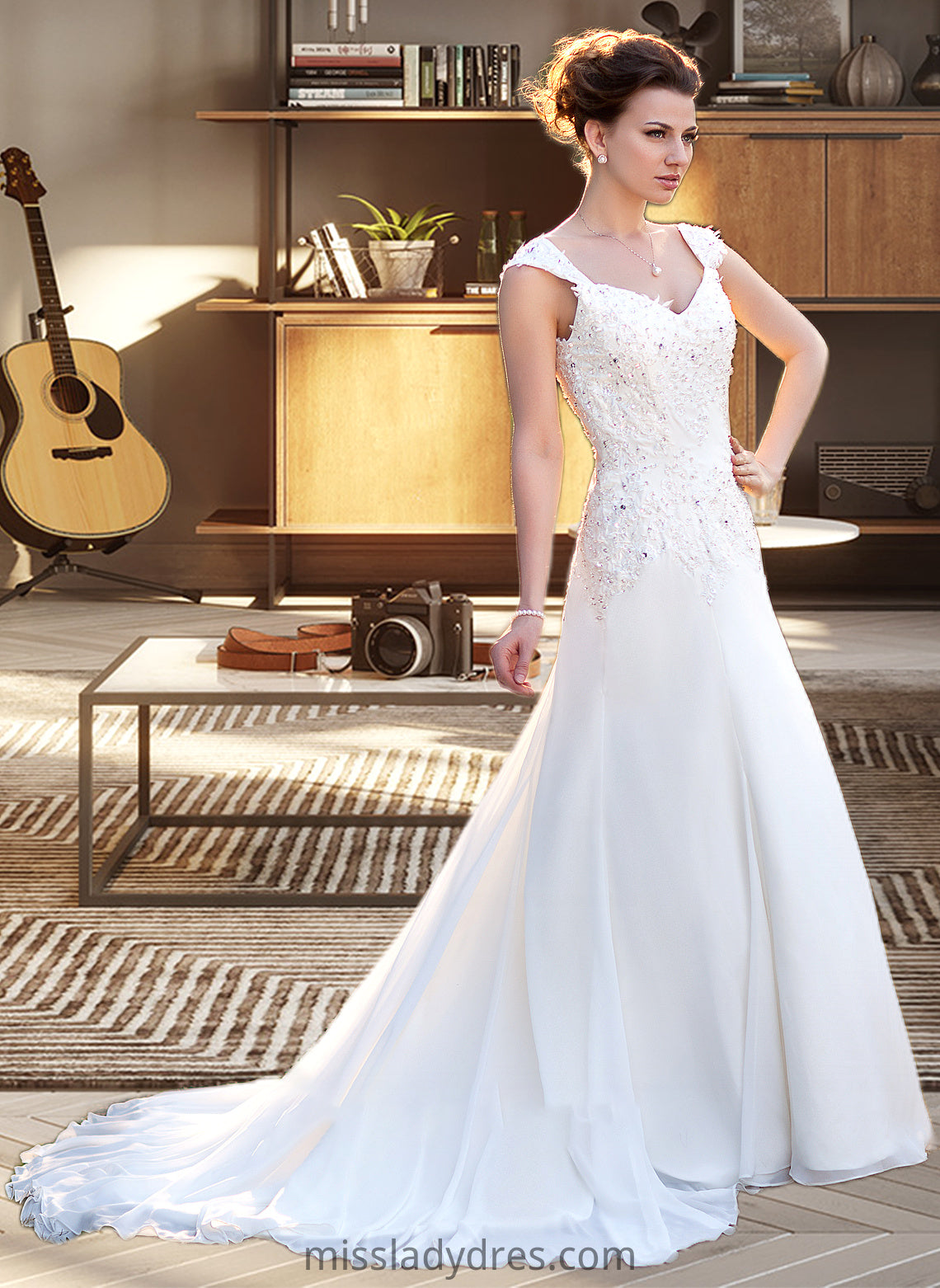 Milagros A-Line V-neck Court Train Chiffon Wedding Dress With Lace Beading Sequins DBP0013776