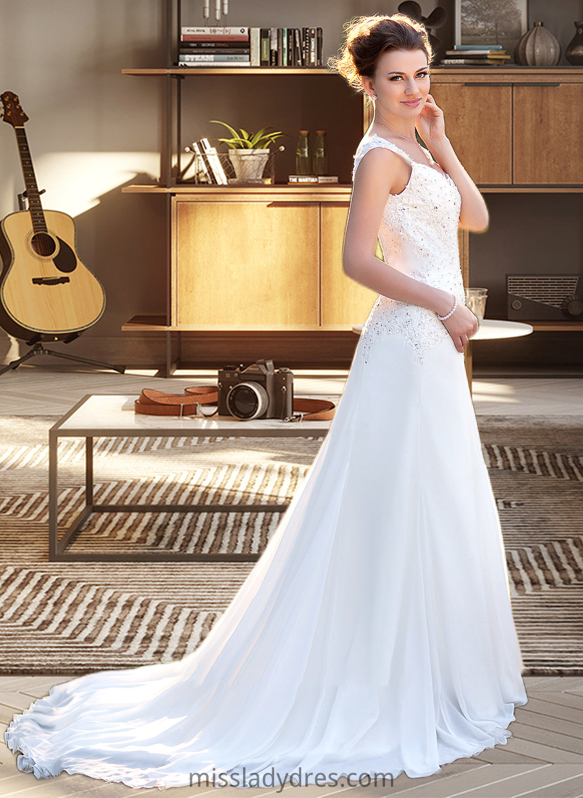 Milagros A-Line V-neck Court Train Chiffon Wedding Dress With Lace Beading Sequins DBP0013776