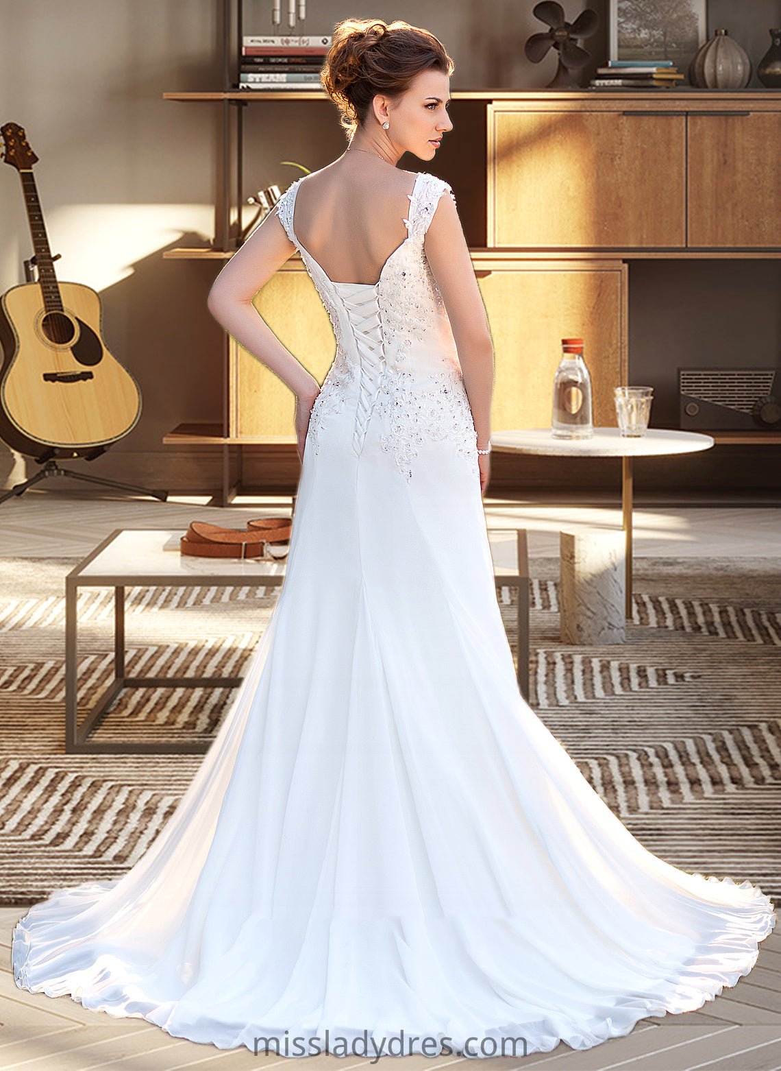 Milagros A-Line V-neck Court Train Chiffon Wedding Dress With Lace Beading Sequins DBP0013776