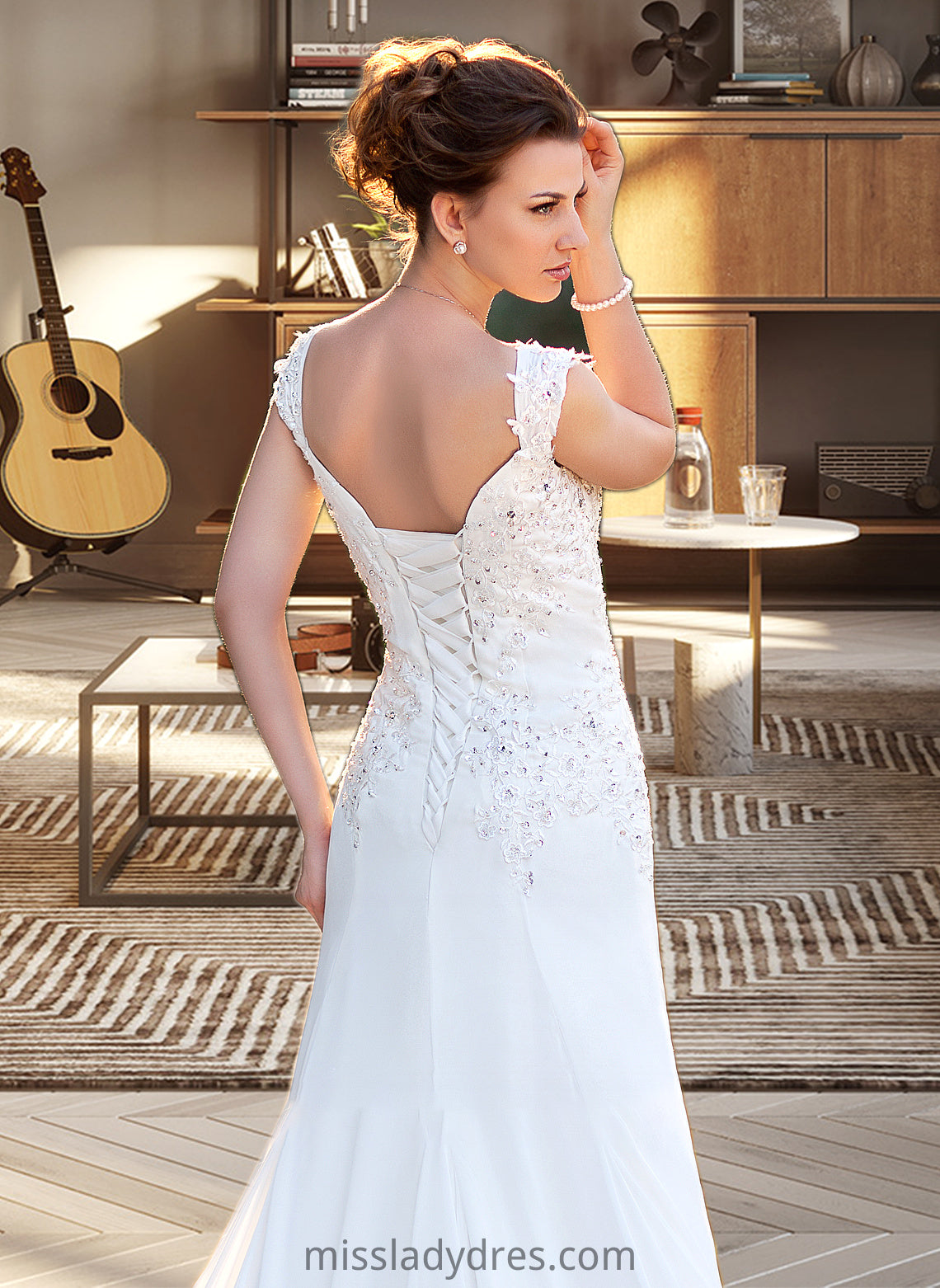 Milagros A-Line V-neck Court Train Chiffon Wedding Dress With Lace Beading Sequins DBP0013776