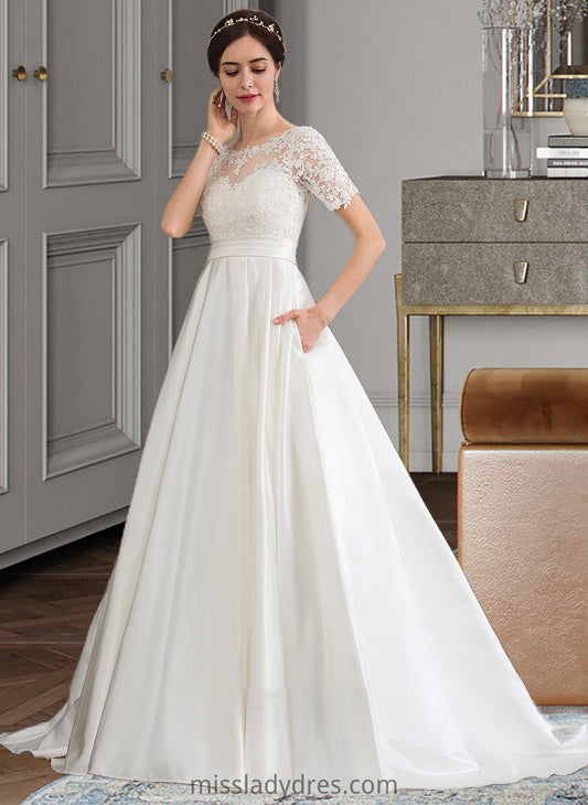 Mallory Ball-Gown/Princess Scoop Neck Court Train Satin Wedding Dress With Beading Sequins Pockets DBP0013777