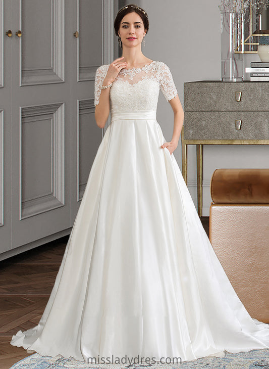 Mallory Ball-Gown/Princess Scoop Neck Court Train Satin Wedding Dress With Beading Sequins Pockets DBP0013777