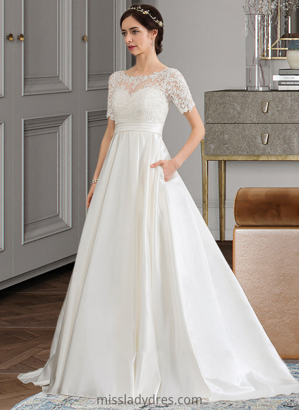 Mallory Ball-Gown/Princess Scoop Neck Court Train Satin Wedding Dress With Beading Sequins Pockets DBP0013777