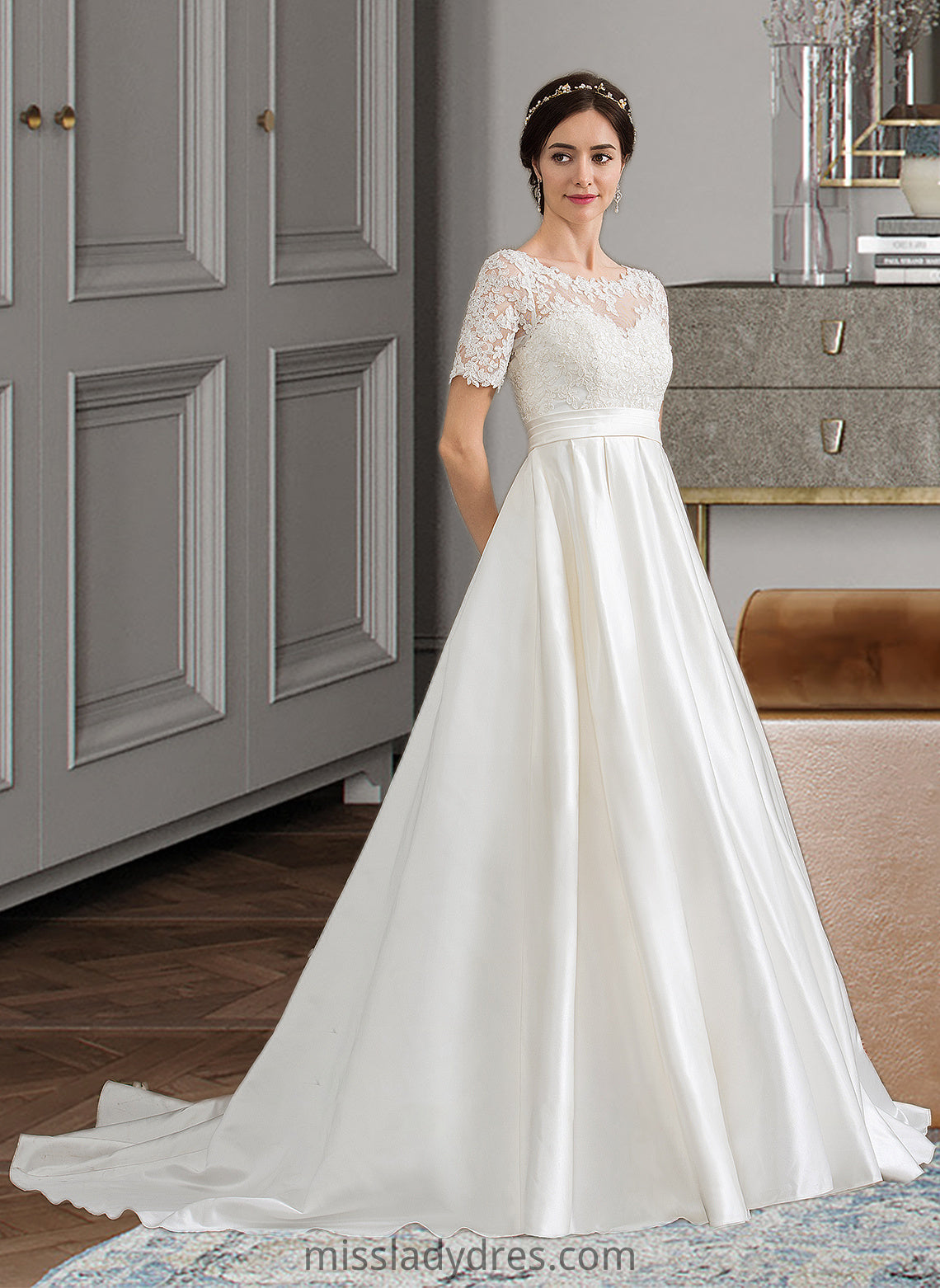 Mallory Ball-Gown/Princess Scoop Neck Court Train Satin Wedding Dress With Beading Sequins Pockets DBP0013777