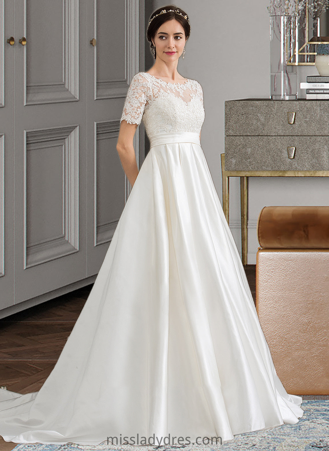 Mallory Ball-Gown/Princess Scoop Neck Court Train Satin Wedding Dress With Beading Sequins Pockets DBP0013777