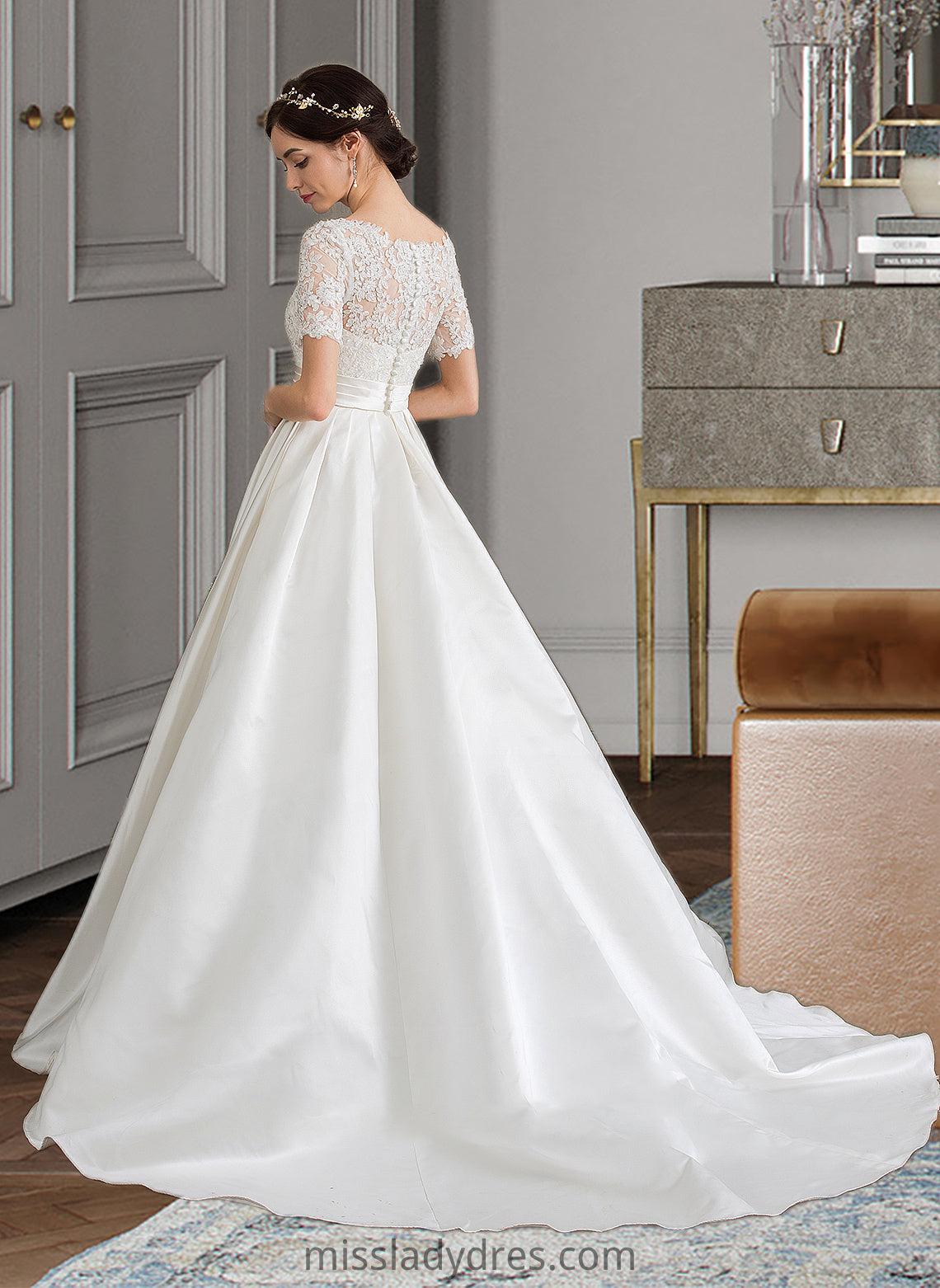 Mallory Ball-Gown/Princess Scoop Neck Court Train Satin Wedding Dress With Beading Sequins Pockets DBP0013777