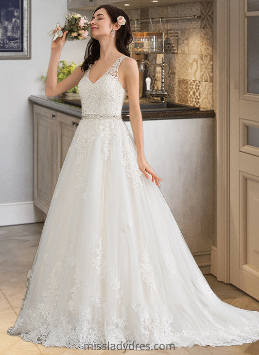 Emilee Ball-Gown/Princess V-neck Court Train Tulle Wedding Dress With Beading Sequins DBP0013779