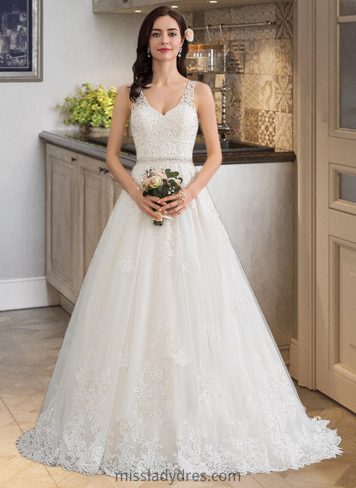 Emilee Ball-Gown/Princess V-neck Court Train Tulle Wedding Dress With Beading Sequins DBP0013779