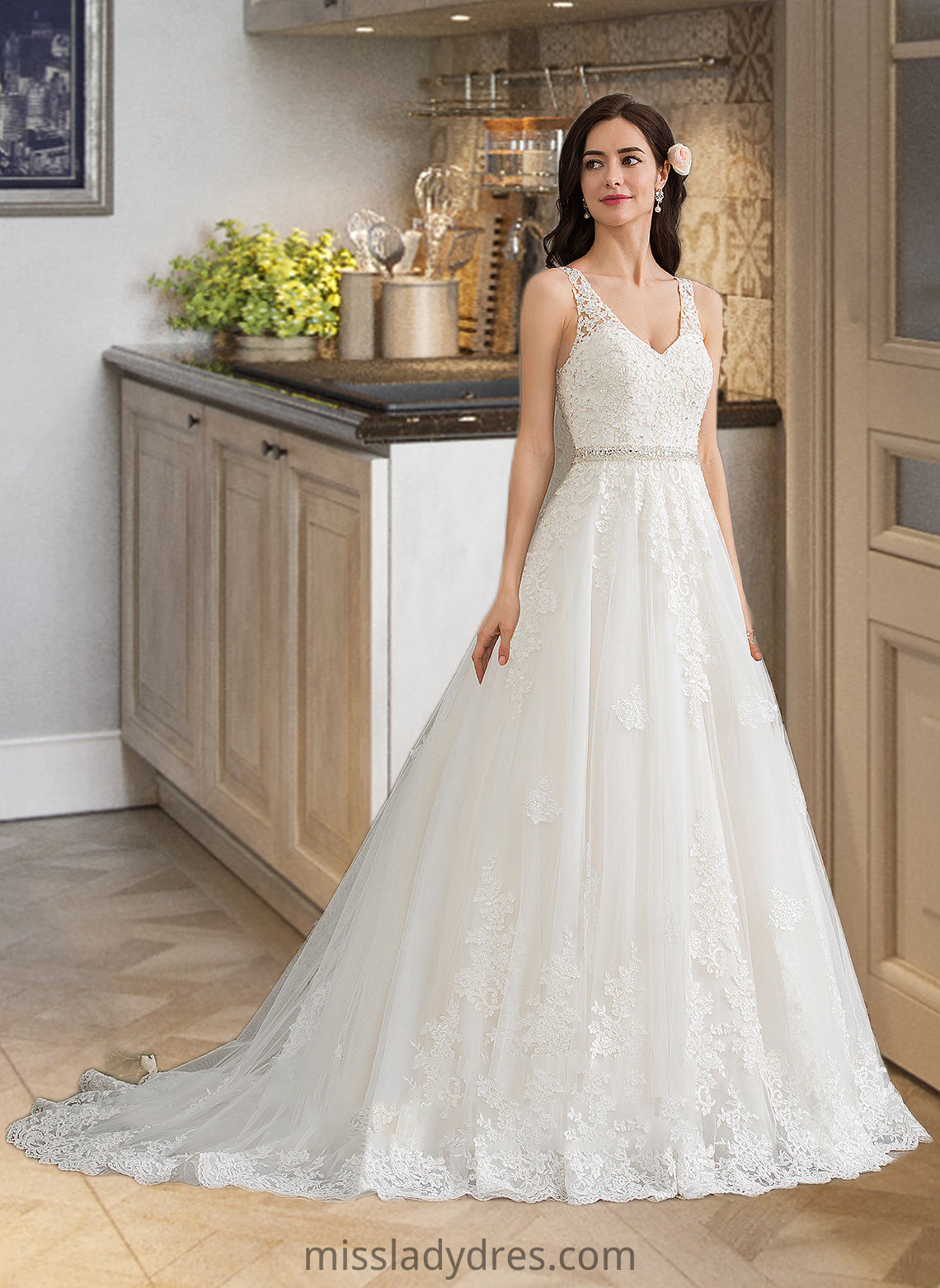 Emilee Ball-Gown/Princess V-neck Court Train Tulle Wedding Dress With Beading Sequins DBP0013779