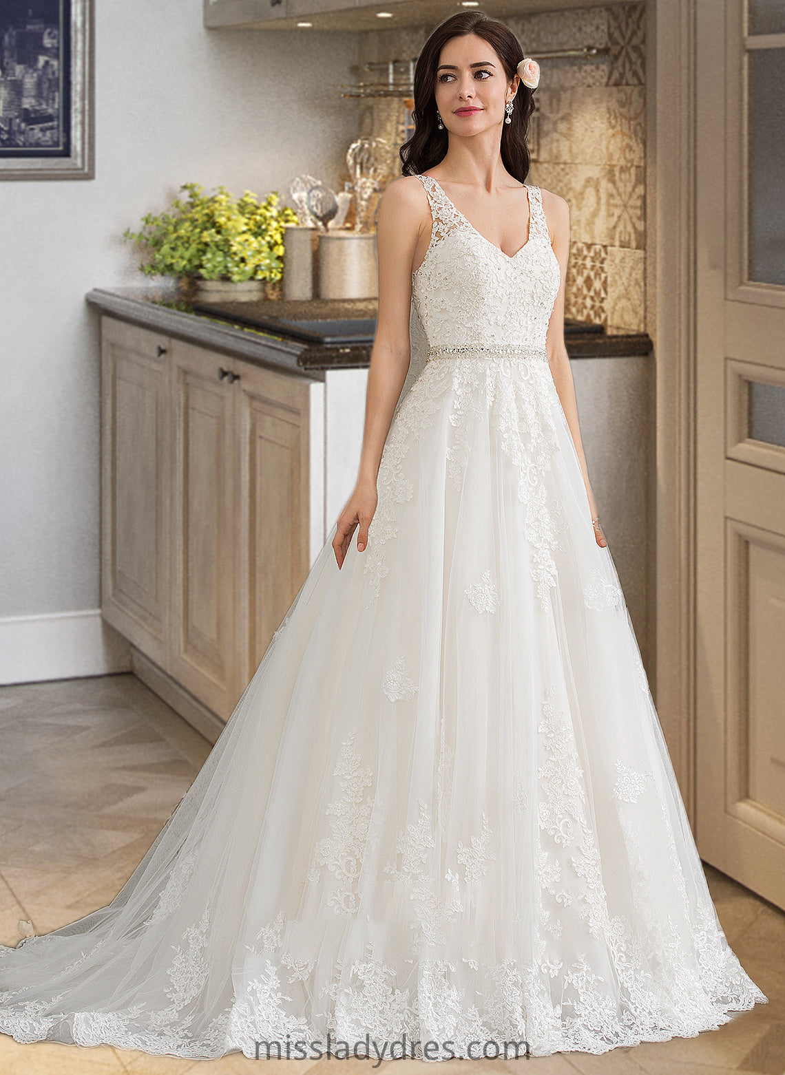 Emilee Ball-Gown/Princess V-neck Court Train Tulle Wedding Dress With Beading Sequins DBP0013779