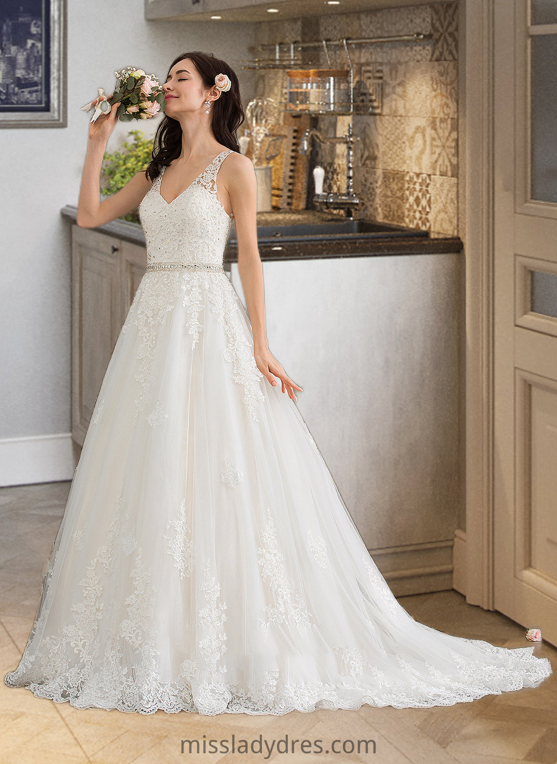 Emilee Ball-Gown/Princess V-neck Court Train Tulle Wedding Dress With Beading Sequins DBP0013779