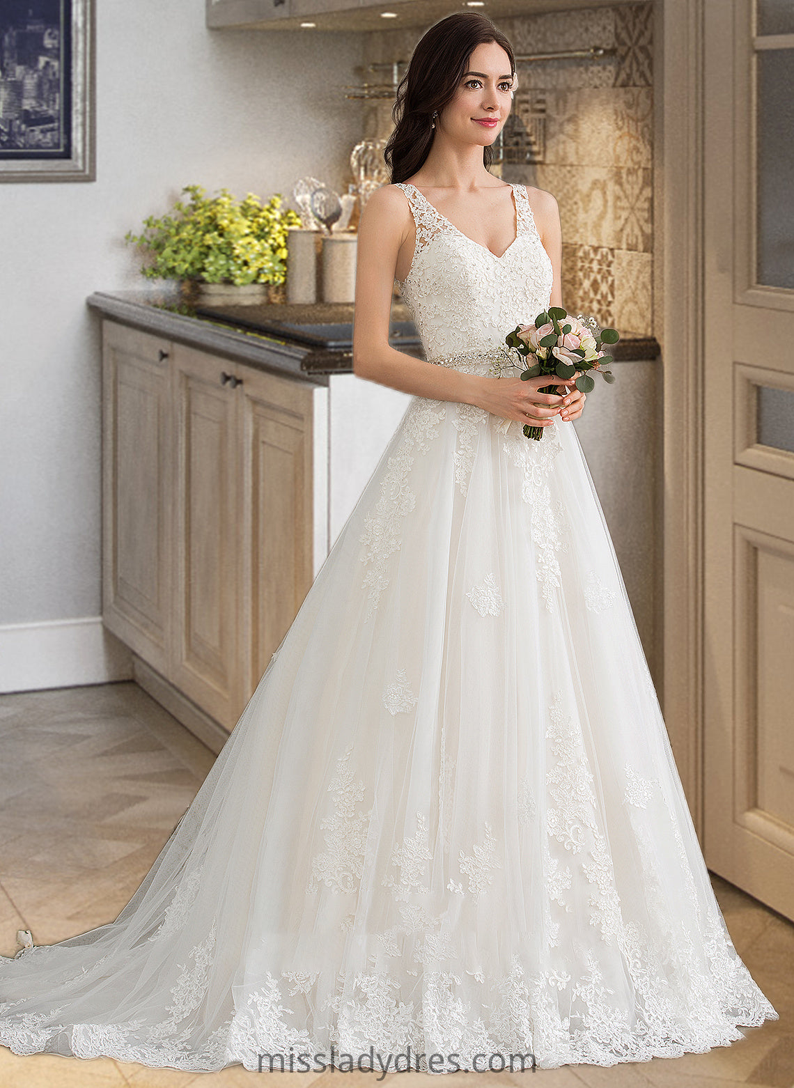 Emilee Ball-Gown/Princess V-neck Court Train Tulle Wedding Dress With Beading Sequins DBP0013779