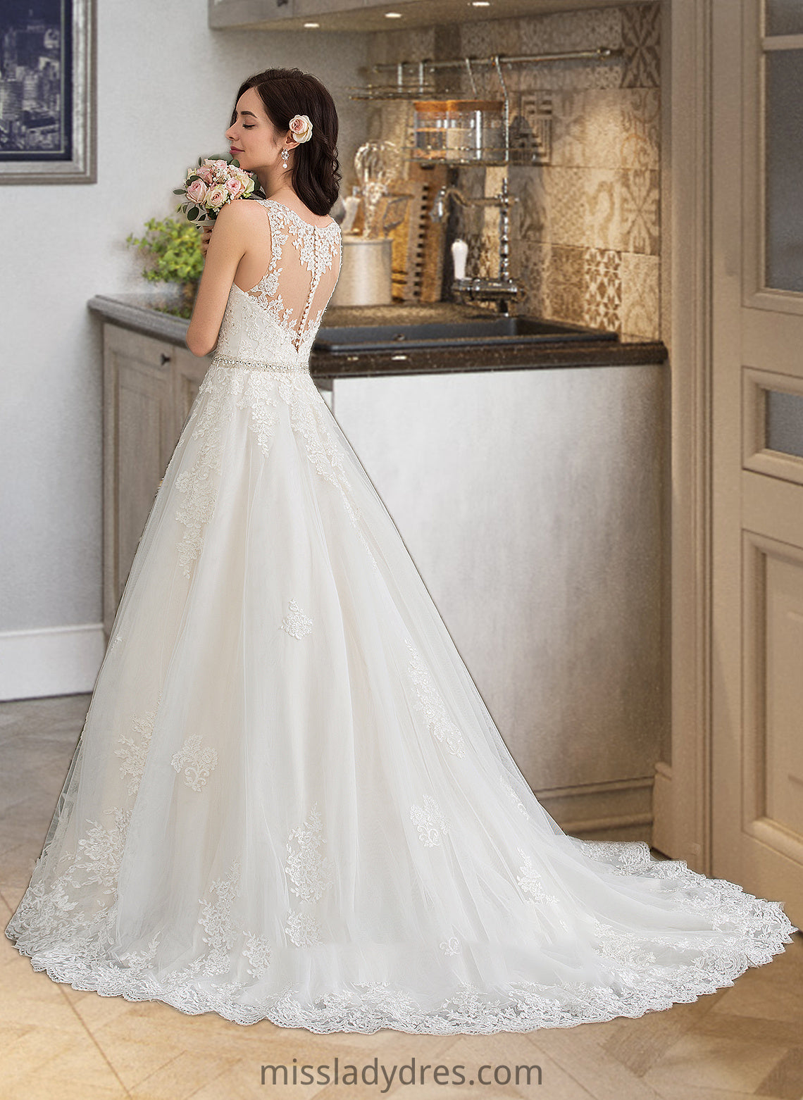 Emilee Ball-Gown/Princess V-neck Court Train Tulle Wedding Dress With Beading Sequins DBP0013779