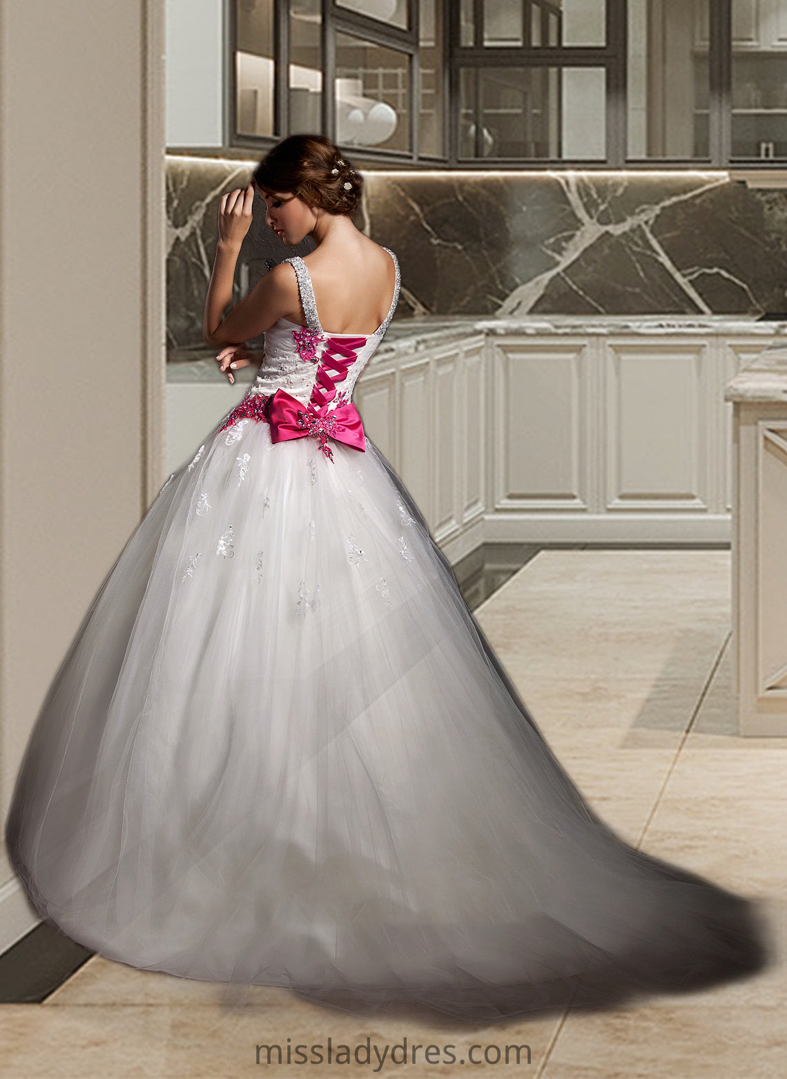 Taylor Ball-Gown/Princess Sweetheart Chapel Train Tulle Wedding Dress With Ruffle Appliques Lace Bow(s) DBP0013780