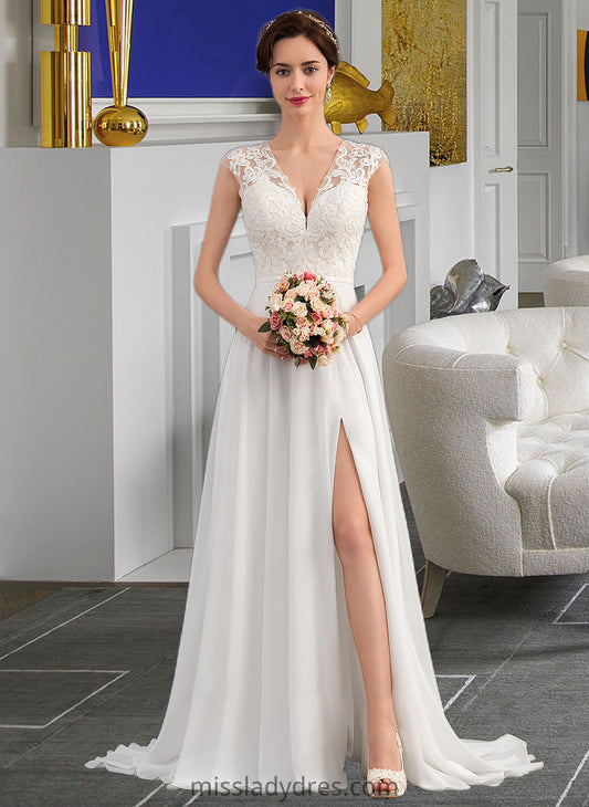 Ryan A-Line V-neck Sweep Train Chiffon Wedding Dress With Split Front DBP0013782