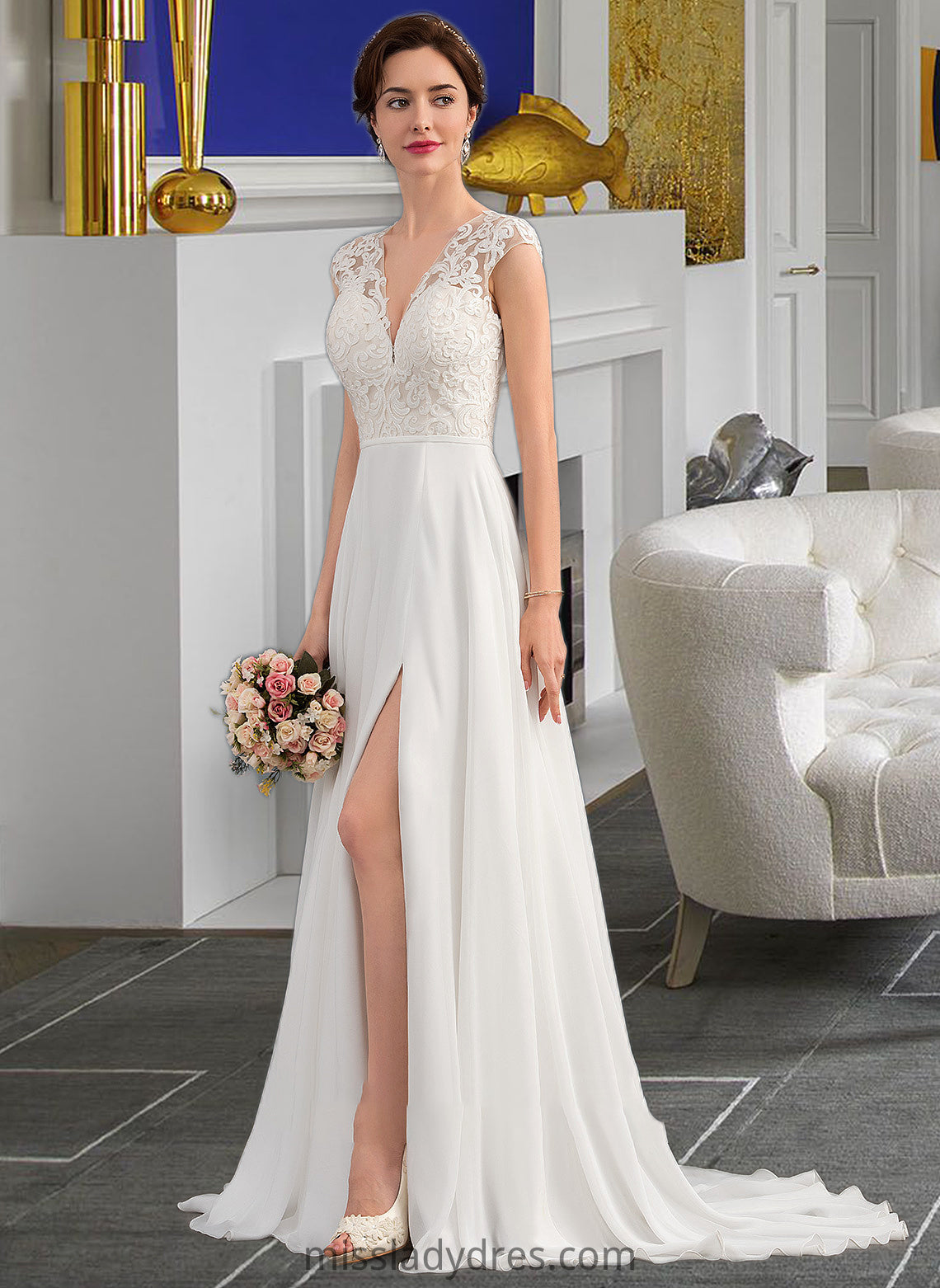 Ryan A-Line V-neck Sweep Train Chiffon Wedding Dress With Split Front DBP0013782