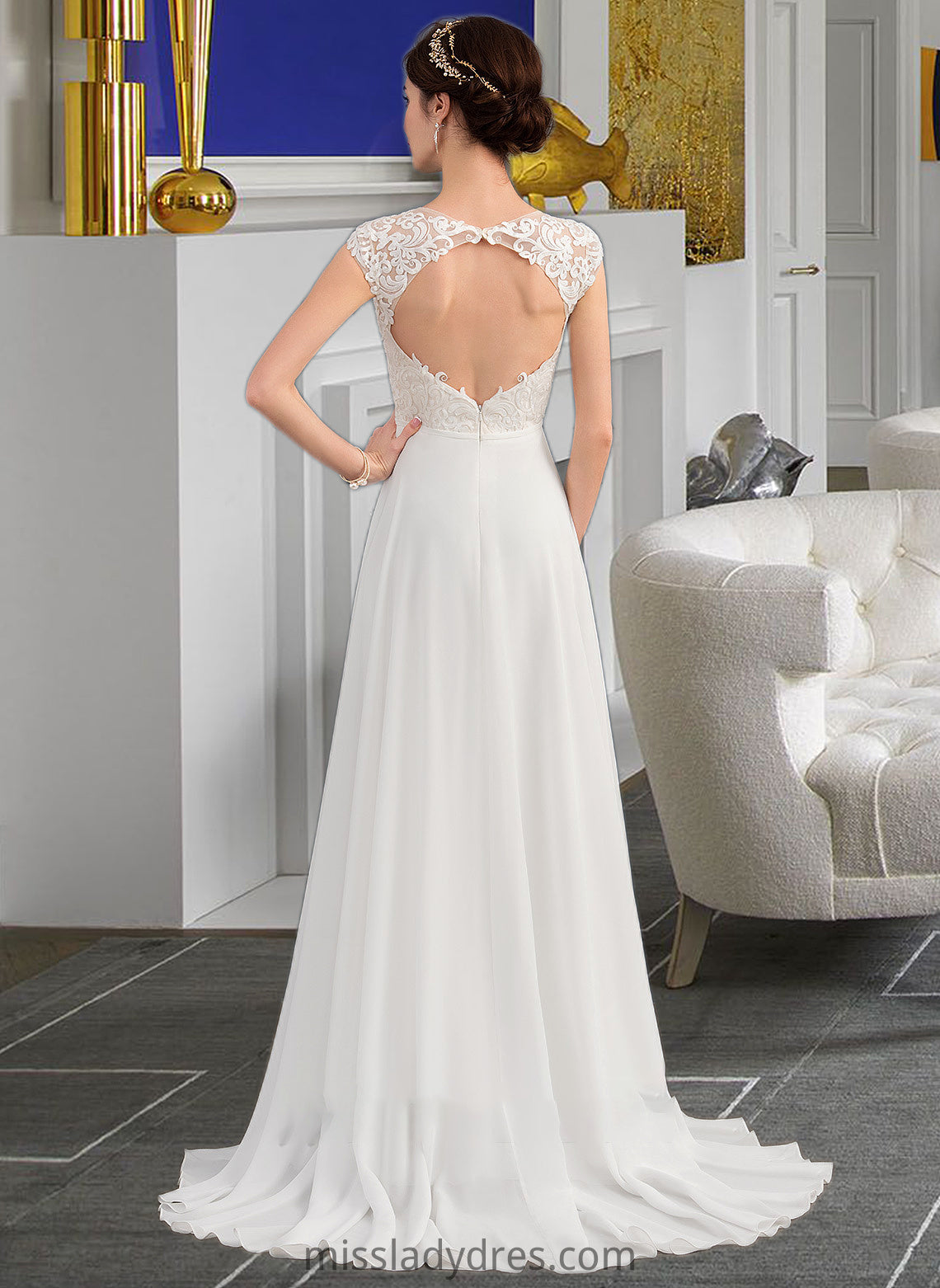 Ryan A-Line V-neck Sweep Train Chiffon Wedding Dress With Split Front DBP0013782