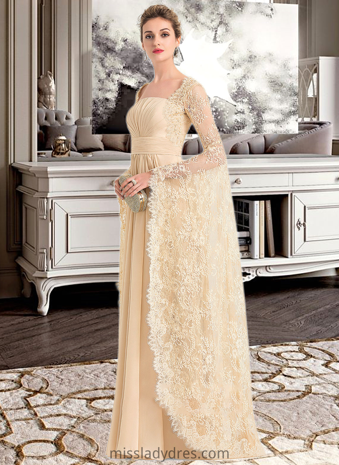 Nyasia A-Line Square Neckline Floor-Length Chiffon Wedding Dress With Ruffle Beading DBP0013783