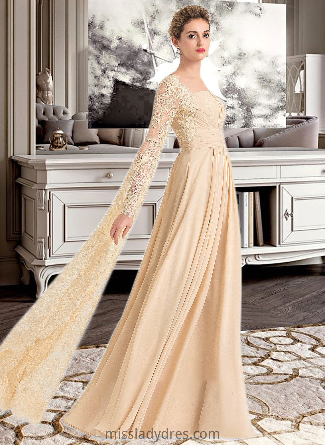 Nyasia A-Line Square Neckline Floor-Length Chiffon Wedding Dress With Ruffle Beading DBP0013783