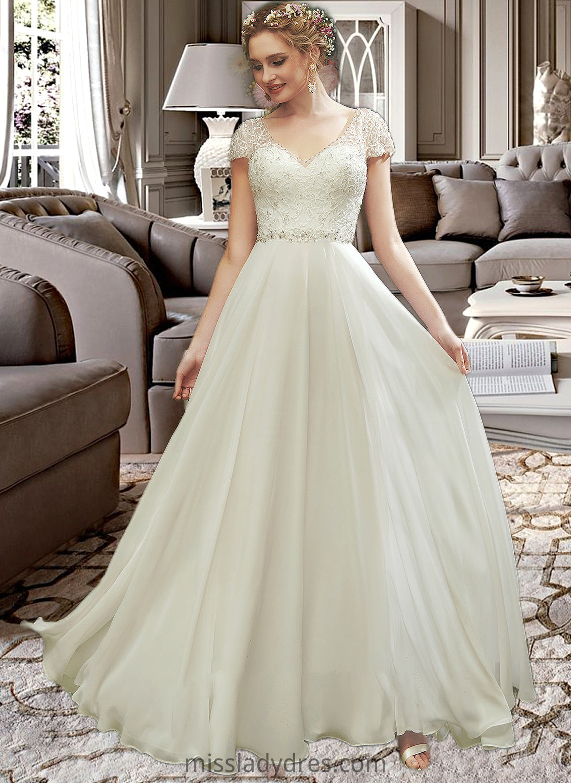 Dayanara A-Line V-neck Floor-Length Wedding Dress With Lace Beading Sequins DBP0013784