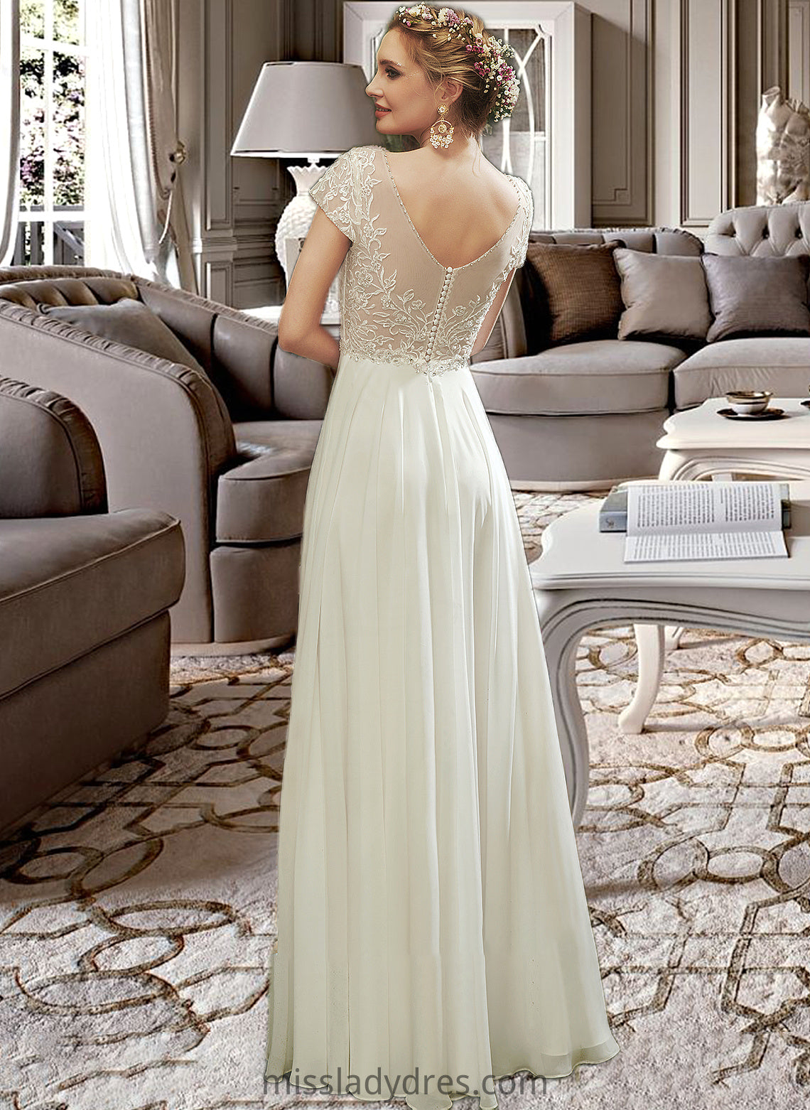 Dayanara A-Line V-neck Floor-Length Wedding Dress With Lace Beading Sequins DBP0013784