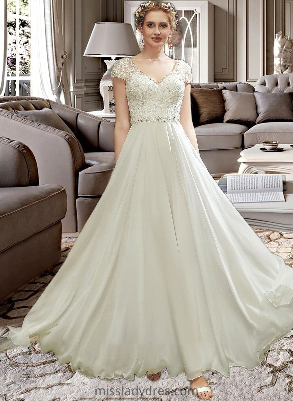 Dayanara A-Line V-neck Floor-Length Wedding Dress With Lace Beading Sequins DBP0013784