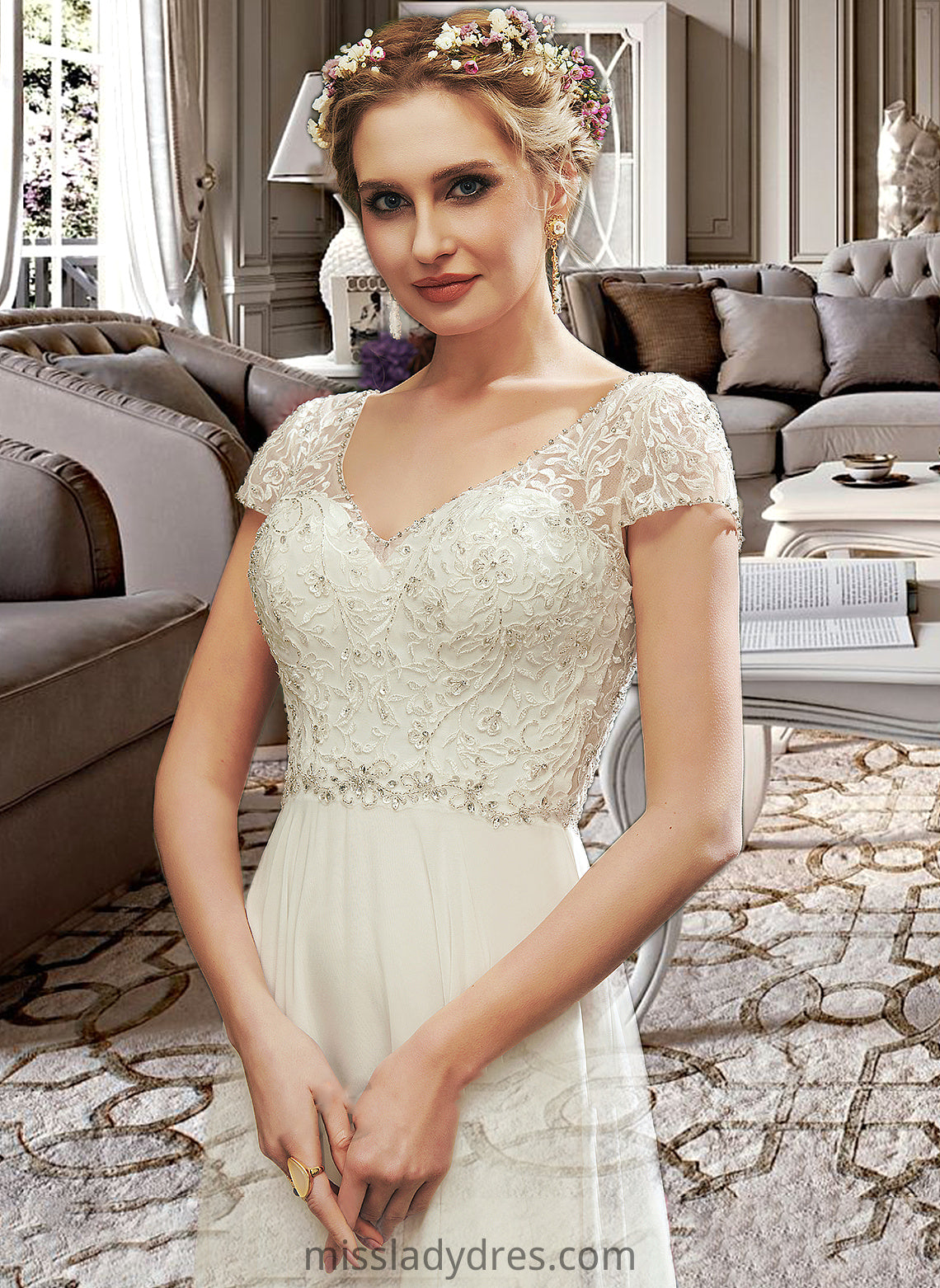 Dayanara A-Line V-neck Floor-Length Wedding Dress With Lace Beading Sequins DBP0013784