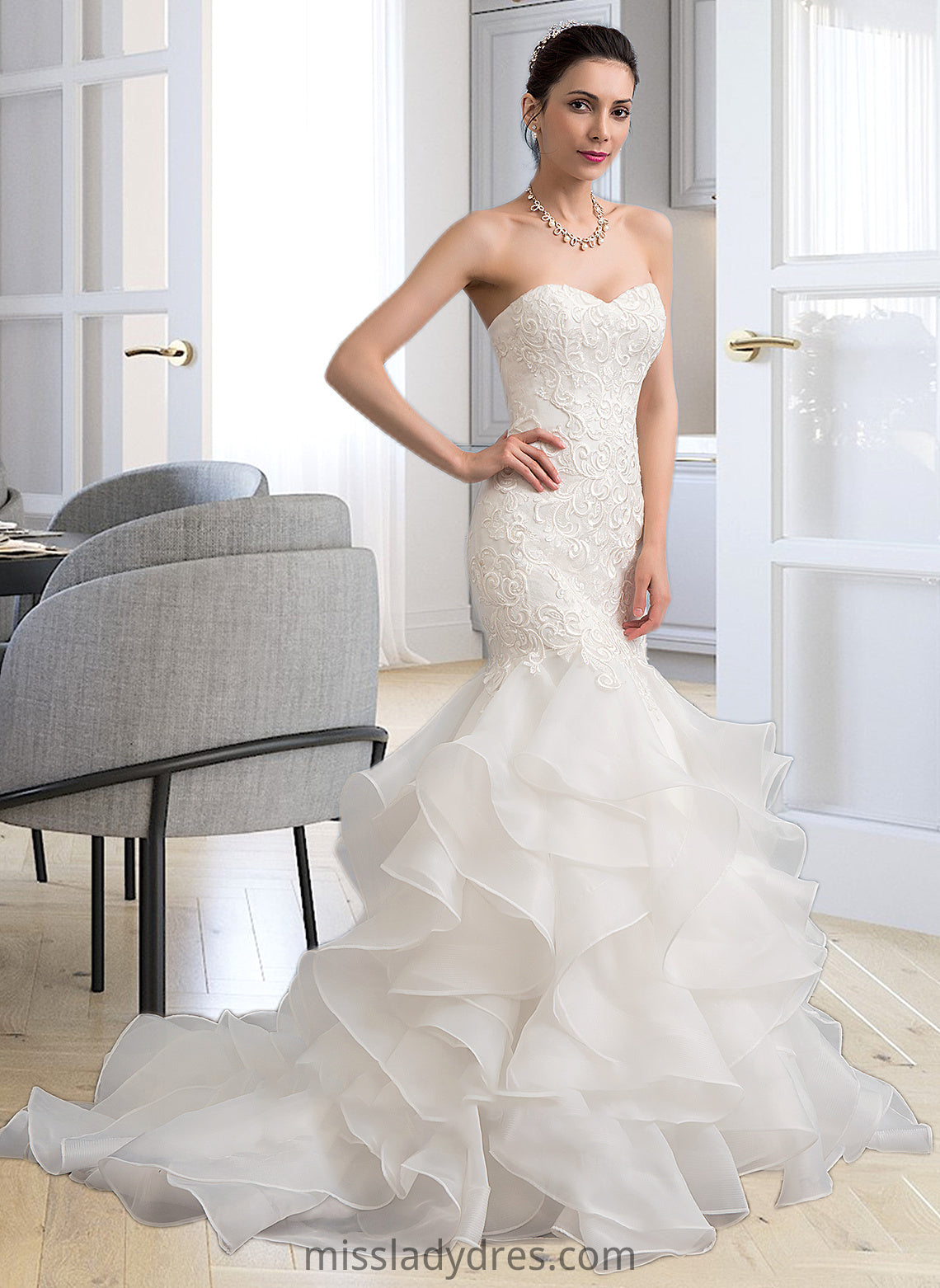 Olive Trumpet/Mermaid Sweetheart Sweep Train Organza Lace Wedding Dress DBP0013786