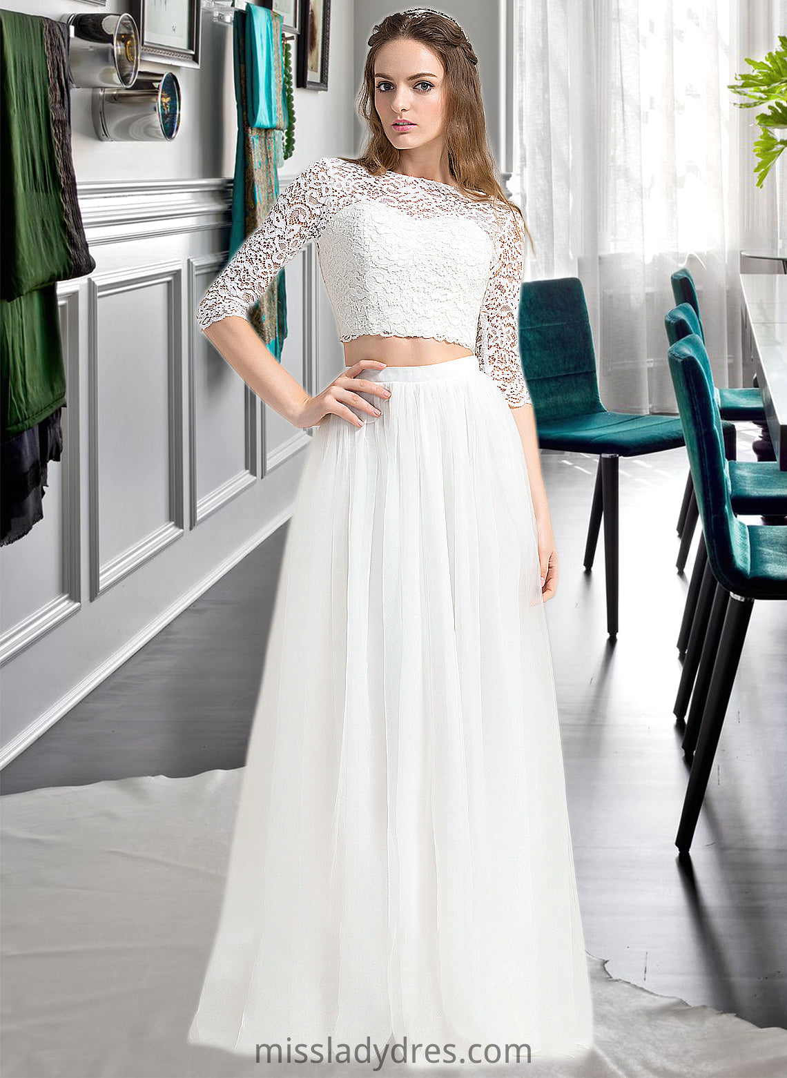 Anna A-Line Scoop Neck Floor-Length Tulle Wedding Dress DBP0013787