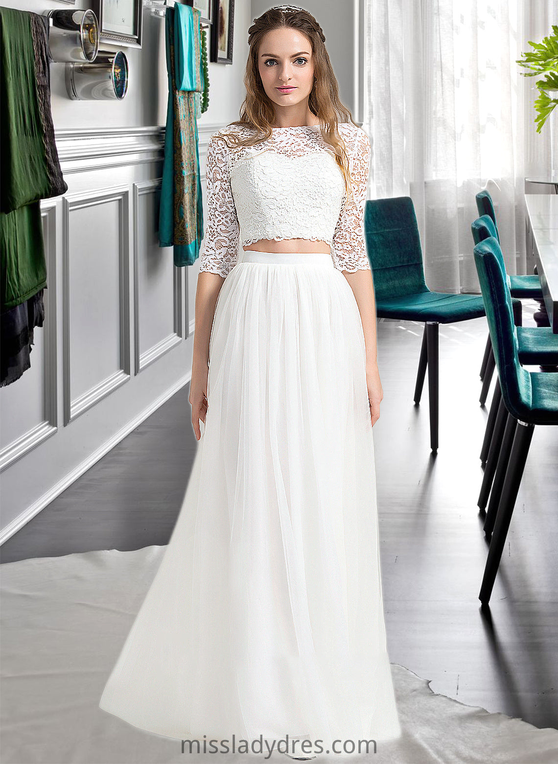 Anna A-Line Scoop Neck Floor-Length Tulle Wedding Dress DBP0013787