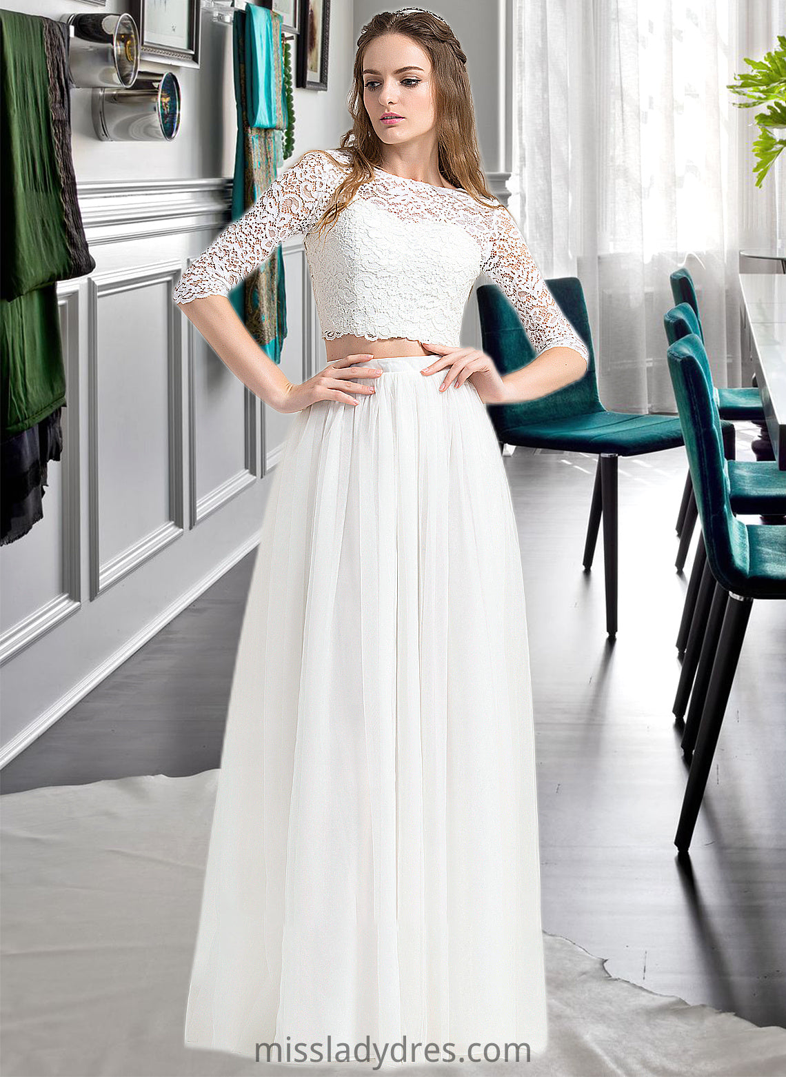 Anna A-Line Scoop Neck Floor-Length Tulle Wedding Dress DBP0013787