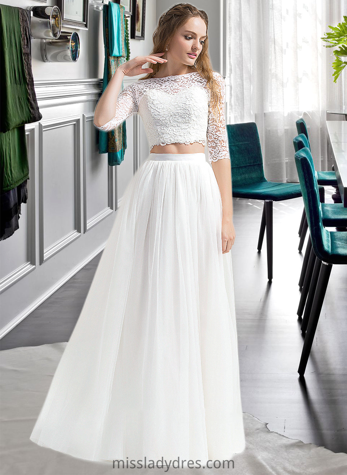 Anna A-Line Scoop Neck Floor-Length Tulle Wedding Dress DBP0013787