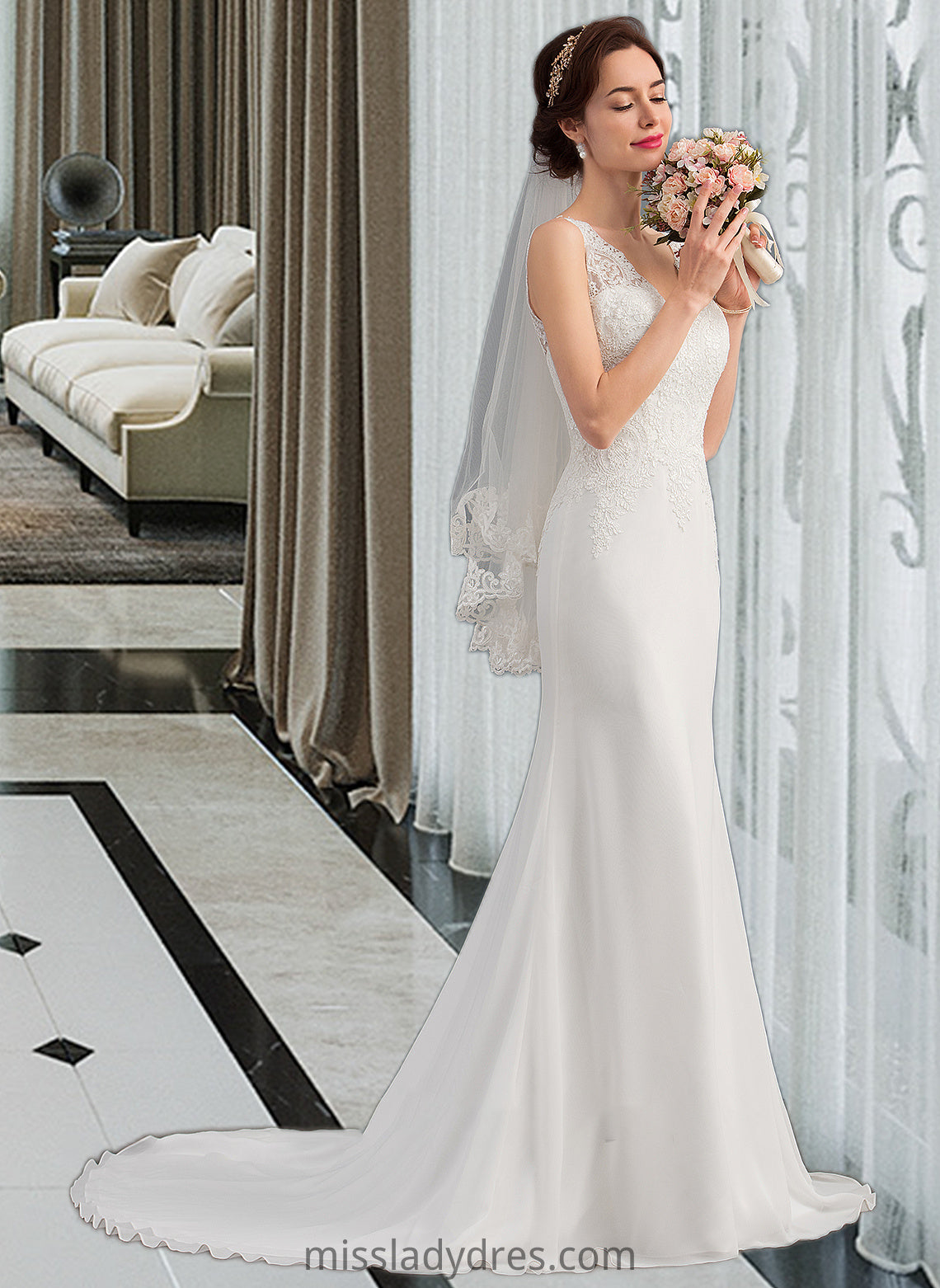 Jazmyn Trumpet/Mermaid V-neck Court Train Chiffon Wedding Dress DBP0013788