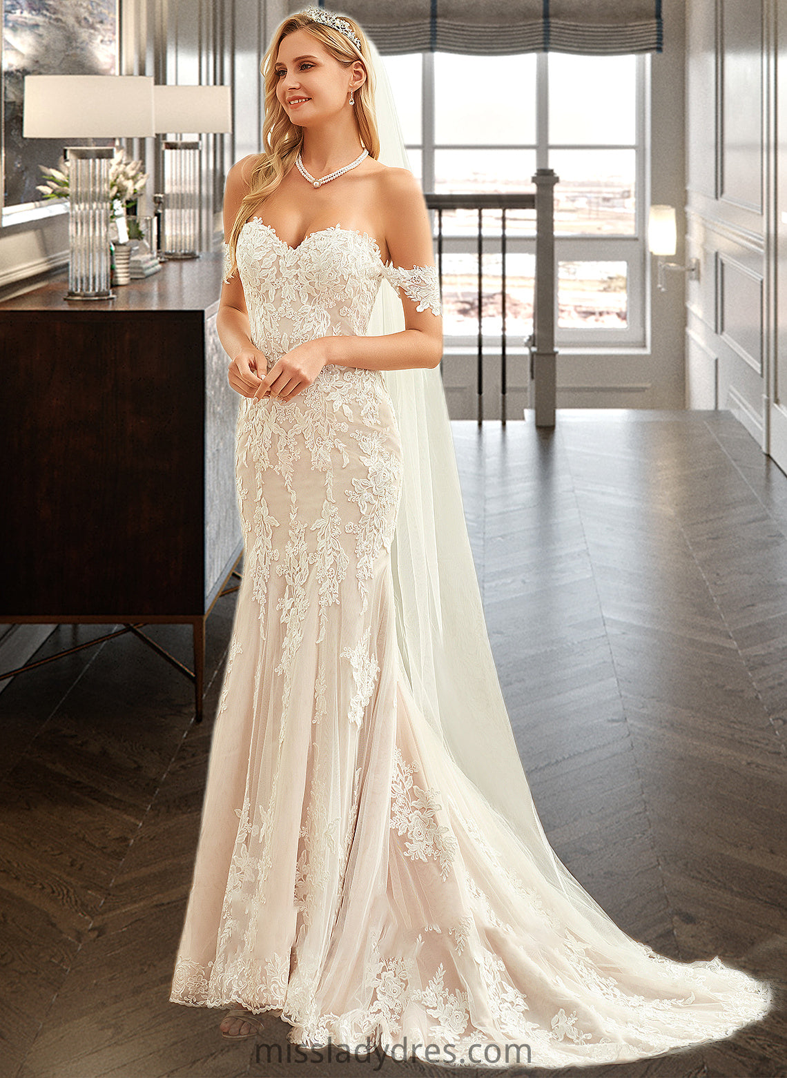 Makayla Trumpet/Mermaid Off-the-Shoulder Court Train Tulle Lace Wedding Dress DBP0013789