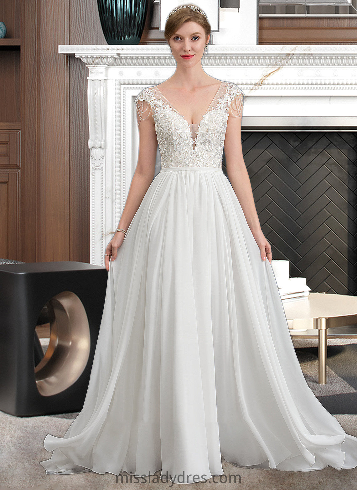 Jocelynn A-Line V-neck Sweep Train Chiffon Wedding Dress With Beading Sequins DBP0013792