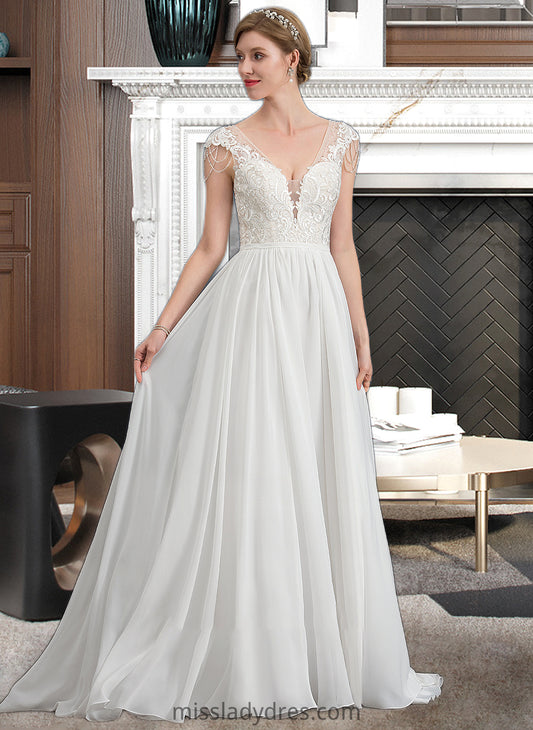 Jocelynn A-Line V-neck Sweep Train Chiffon Wedding Dress With Beading Sequins DBP0013792