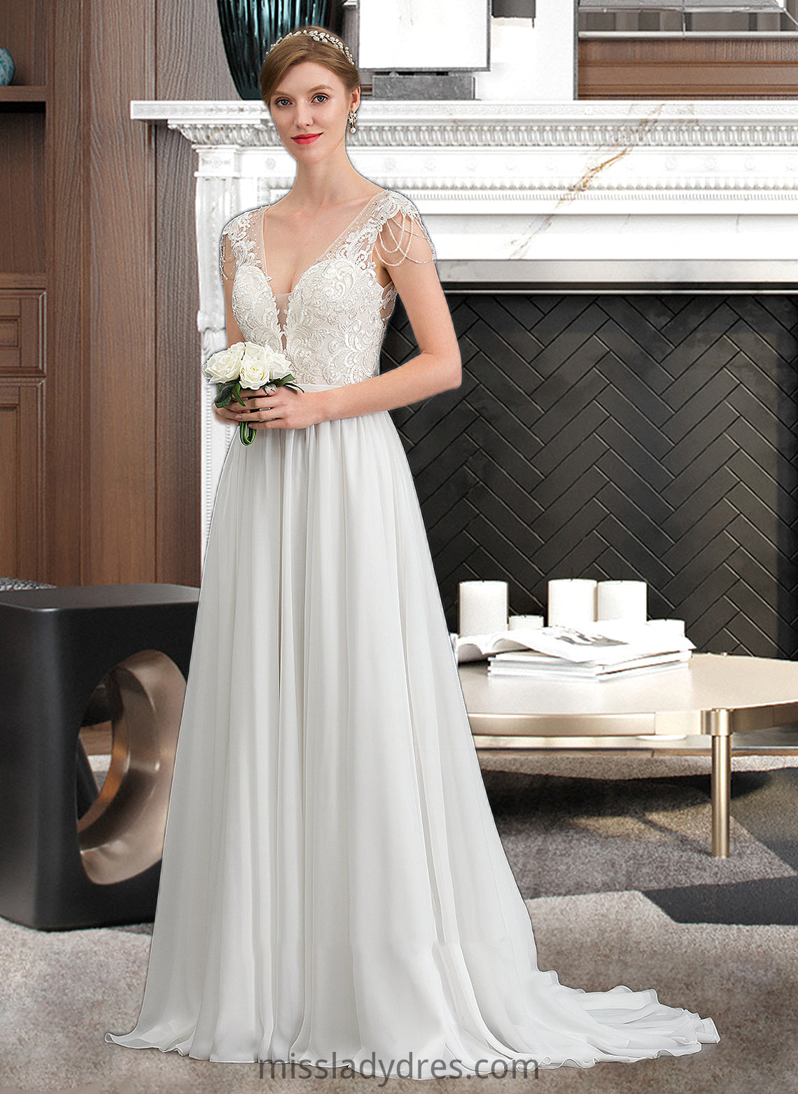 Jocelynn A-Line V-neck Sweep Train Chiffon Wedding Dress With Beading Sequins DBP0013792